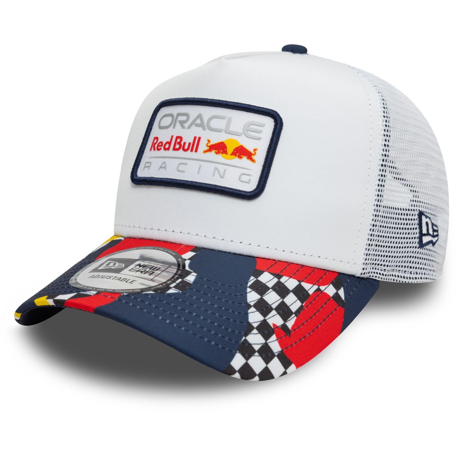 Red Bull Racing F1 New Era Baseball Cap, Abstract Trucker Style, White and Navy, Adjustable