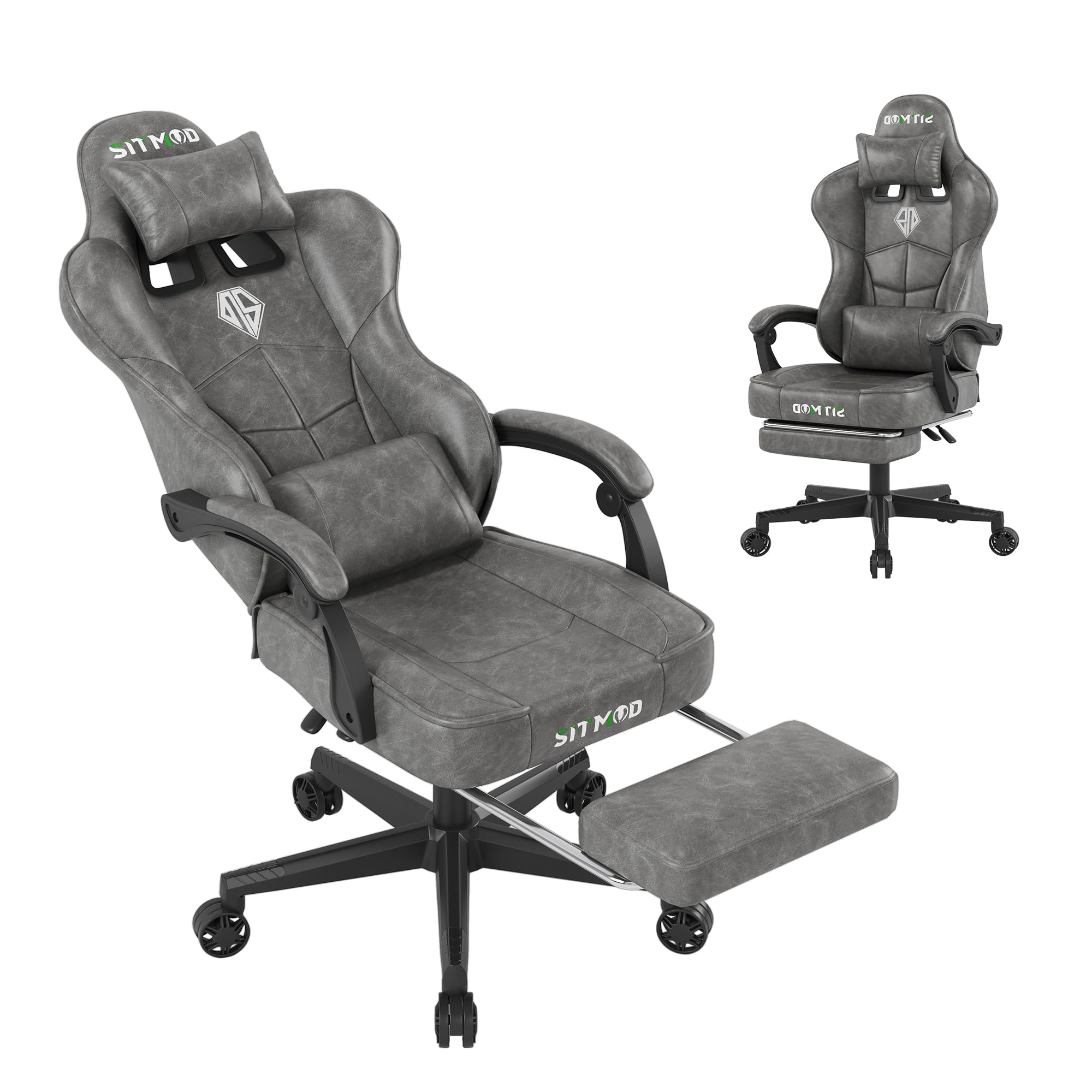 Sedie Gaming, Sedia da Ufficio Ergonomica, Poltrona Altezza Regolabile, Sedia da gioco con poggiatesta e supporto lombare sedia per PC, con poggiapiedi, in pelle PU, girevole a 360 gradi-Gray
