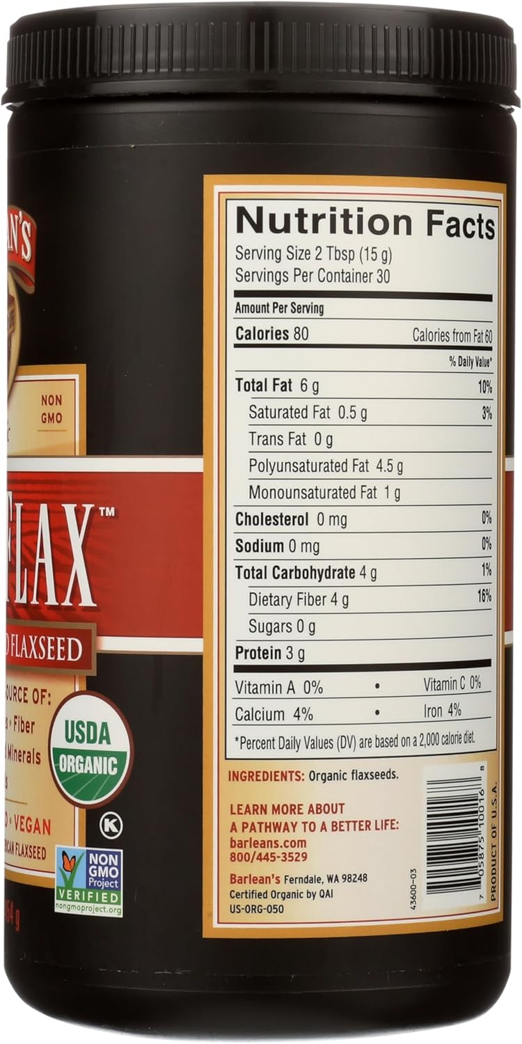 Barlean's Forti-Flax Organic Flaxseed 2 Pack, Ground Whole Raw Seeds, Omega 3 Seed Fiber Supplement with Lignans, Vegan, 16 oz