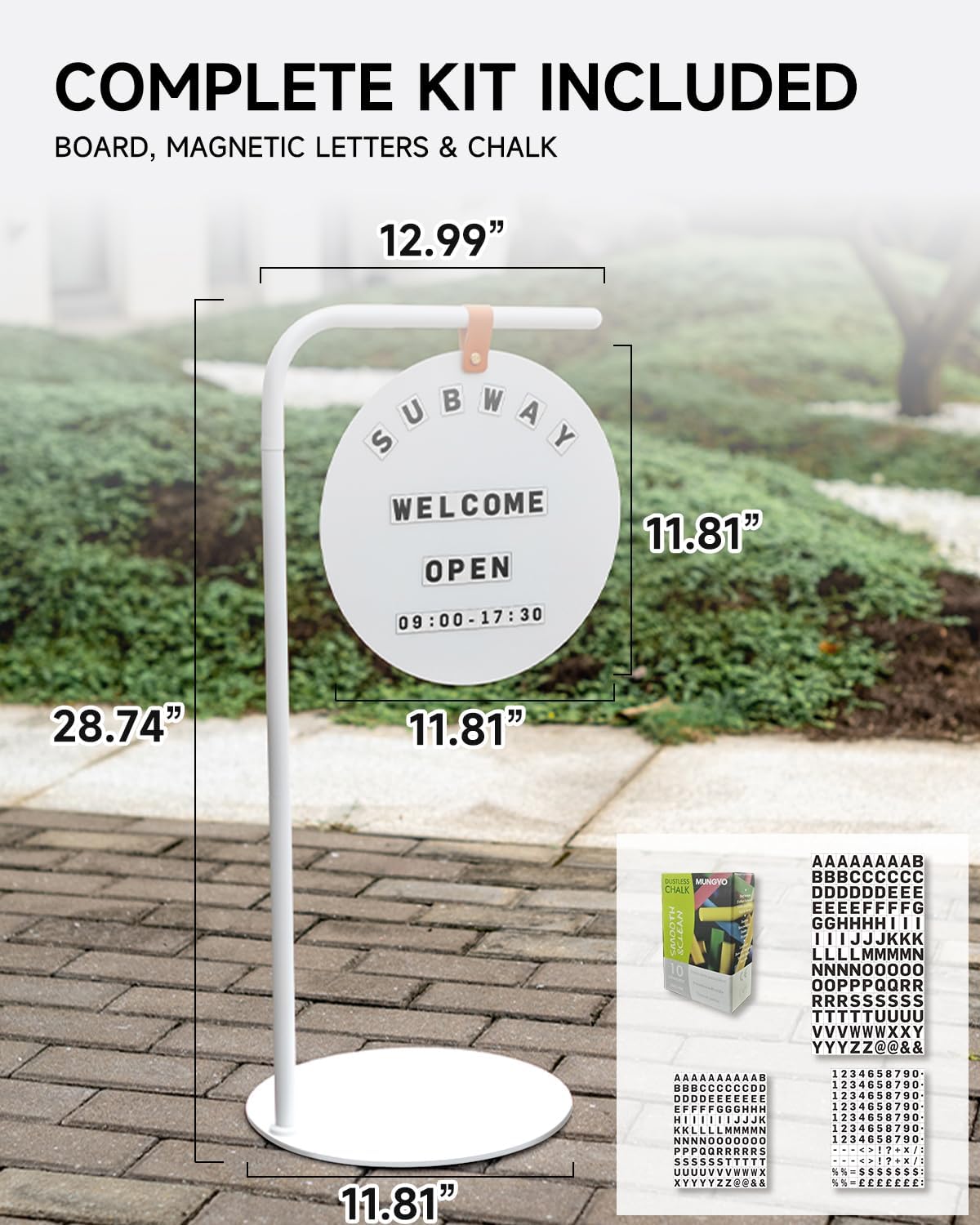Portable Sidewalk Sign – Round Metal Chalkboard Stand with Magnetic Letters & Writable Surface | 2-in-1 Welcome Board for Café, Restaurant, Retail Store, Event Booth, Gallery Entrance (White Base)
