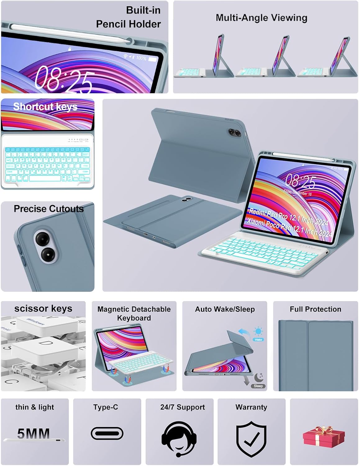 Keyboard Case for Redmi Pad Pro / Xiaomi Poco Pad 12.1 Inch Case with Backlit Keypad, Detachable Wireless Key Board Cover with Pen Holder for Xiaomi Redmi Pro 12.1" 2024, 7-Color Backlight, Blue