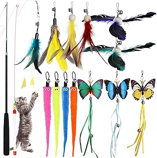 Geepen Cat Toys for Indoor Cats, 15 Pieces Interactive Cat Toy, Retractable Cat Wand Toy, Cat Feather Toys Refills, Butterfly Toys Cat Fishing Pole Toy for Bored Indoor Cats Chase and Exercise