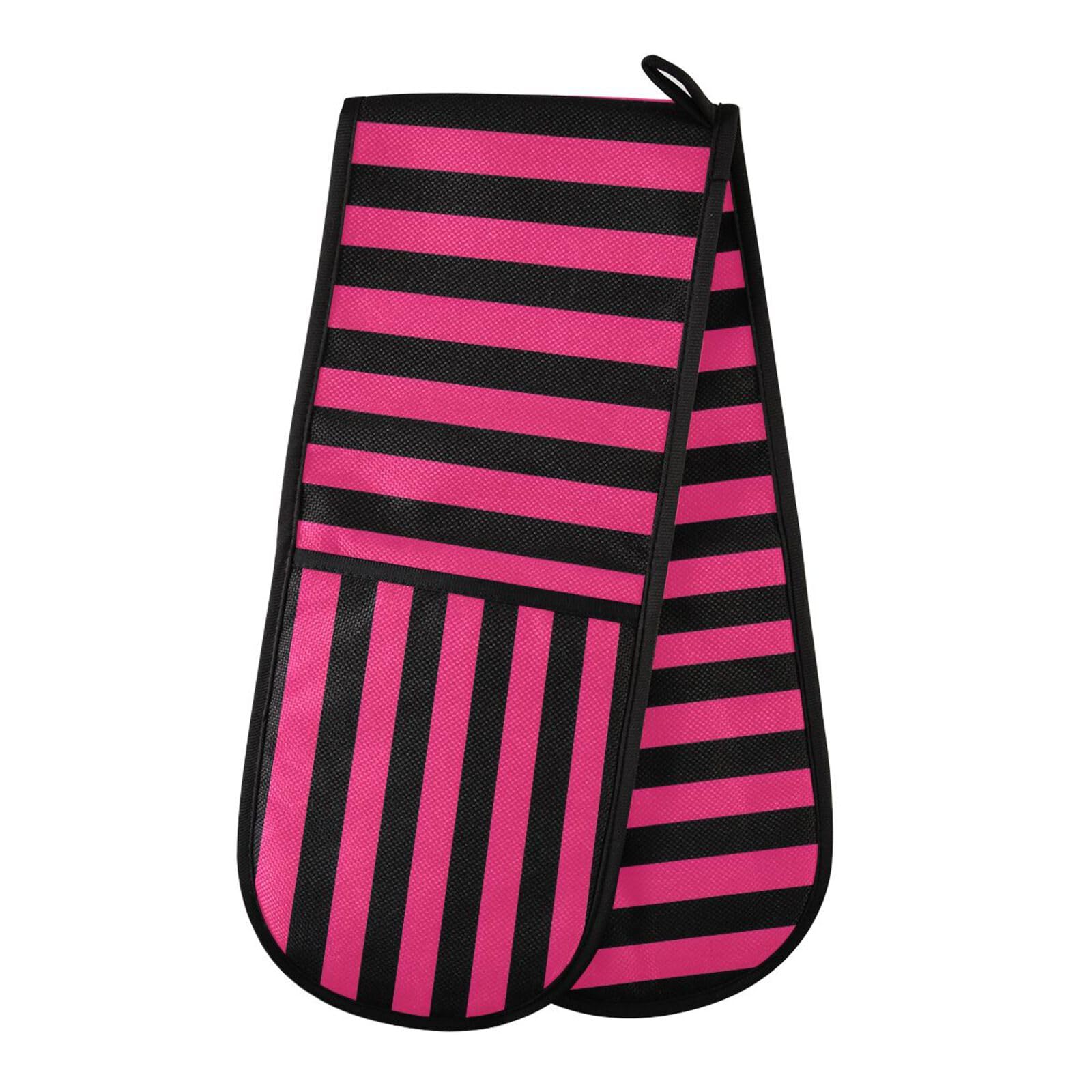 Oven Gloves Double Oven Gloves Pink Black Stripe Oven Mitts Pot Holder Heat Resistant Quilted for BBQ Baking Kitchen Cooking Gloves