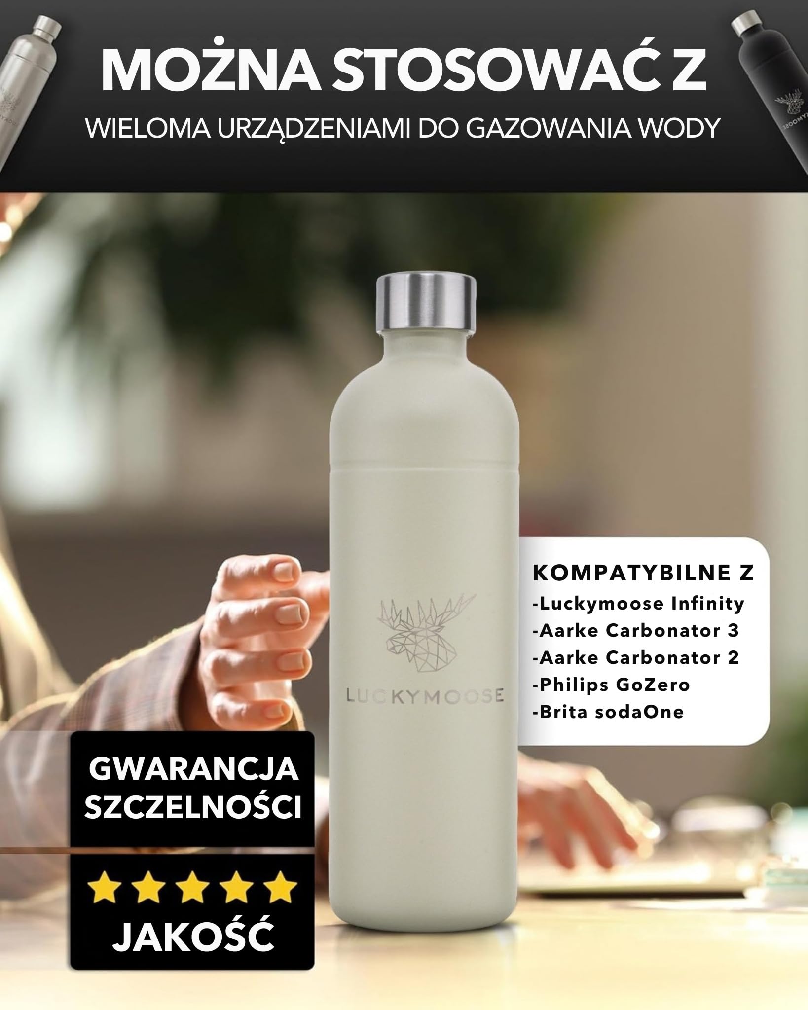 Luckymoose Infinity 4x Butelki ze Stali Nierdzewnej do Saturatora 1,25 L - Kompatybilne z serią Infinity, Aarke Carbonator 3 i Brita SodaOne - Przyjazne dla środowiska, nietłukące, do zmywarki