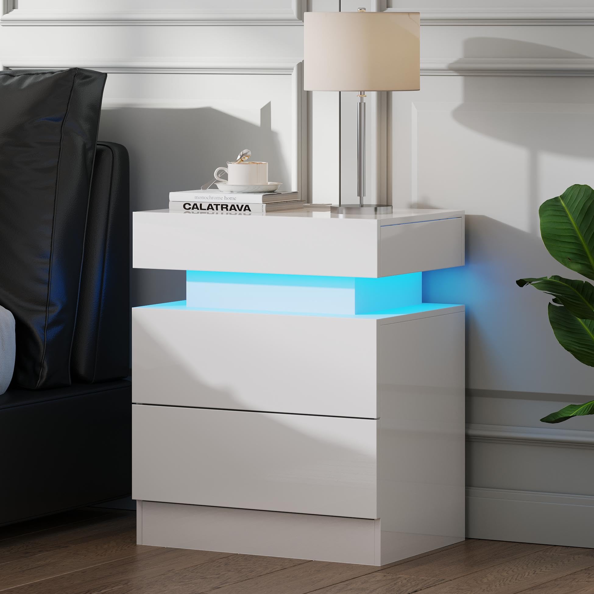 LUXOAK Bedside Table, White Bedside Table with Charging Station, High Gloss LED Bed Side Table for Bedroom, Modern Bedside Cabinet with 2 Drawers, Sofa Side Table for Living Room, 58 x 40 x 35 cm