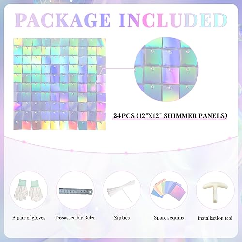 Miniatura 4 de Fondo de pared brillante iridiscente con lentejuelas plateadas, decoración de fondo de pared para cumpleaños, boda, aniversario, 24 piezas