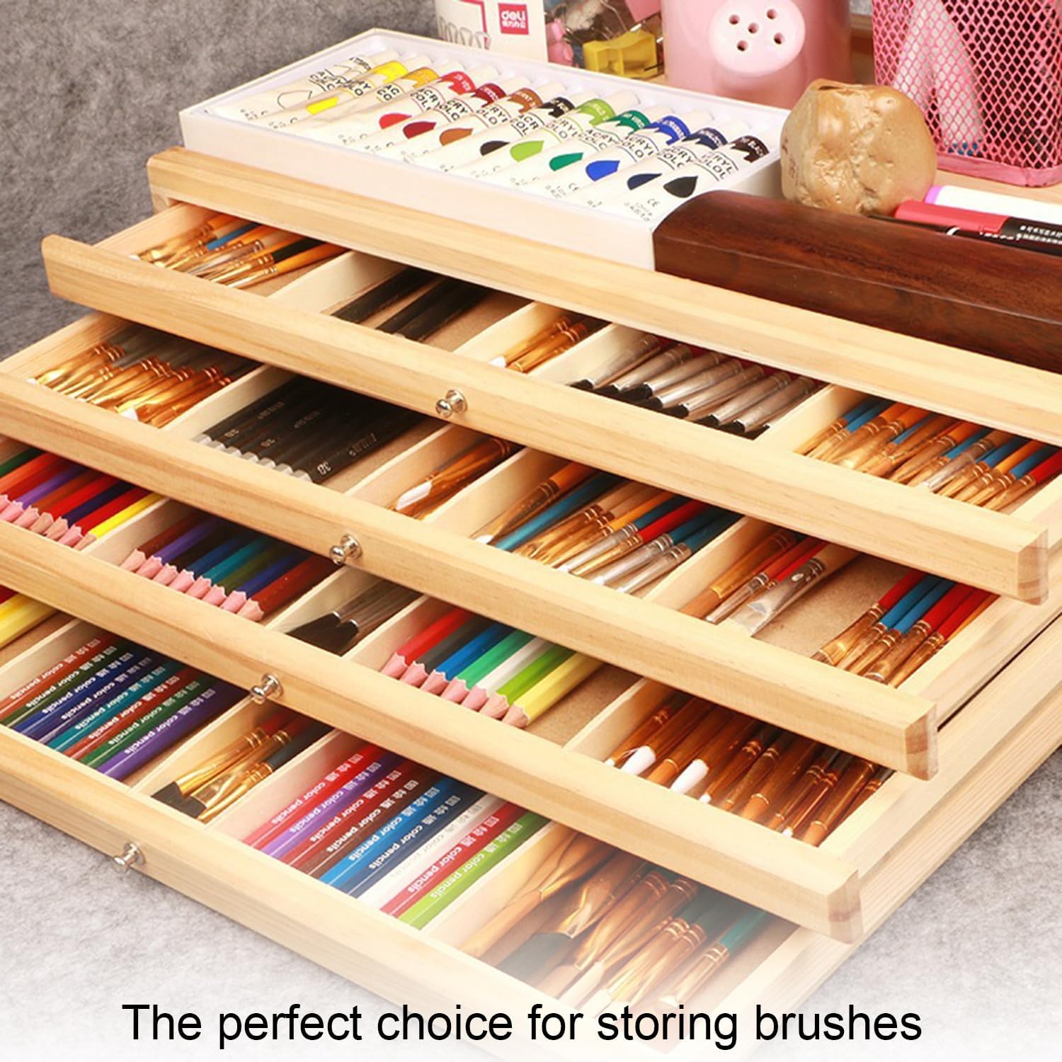 6 Cassetti Scatola Portaoggetti Per Artisti 40x25x15cm,Con 4 Cassetti,Portatile,Scatola Di Immagazzinamento Per l'Arte In Legno Di Faggio Premium,Per Pastelli,Matite,Pennelli,Timbri