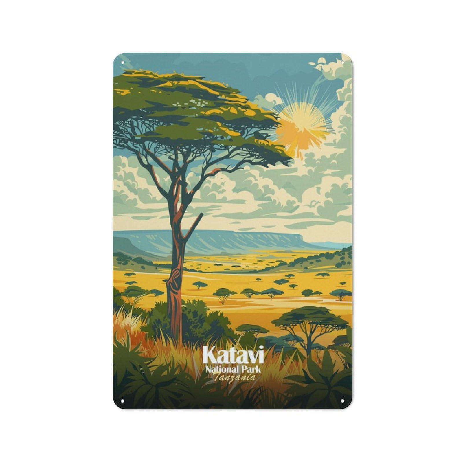 Junmoney Style-8 Metal Sign 30X20cm With Katavi National Park, Tanzania Illustration For Hallway Wall, Retro Decor, Gift For Hallway Decor Lovers During The Christmas Season