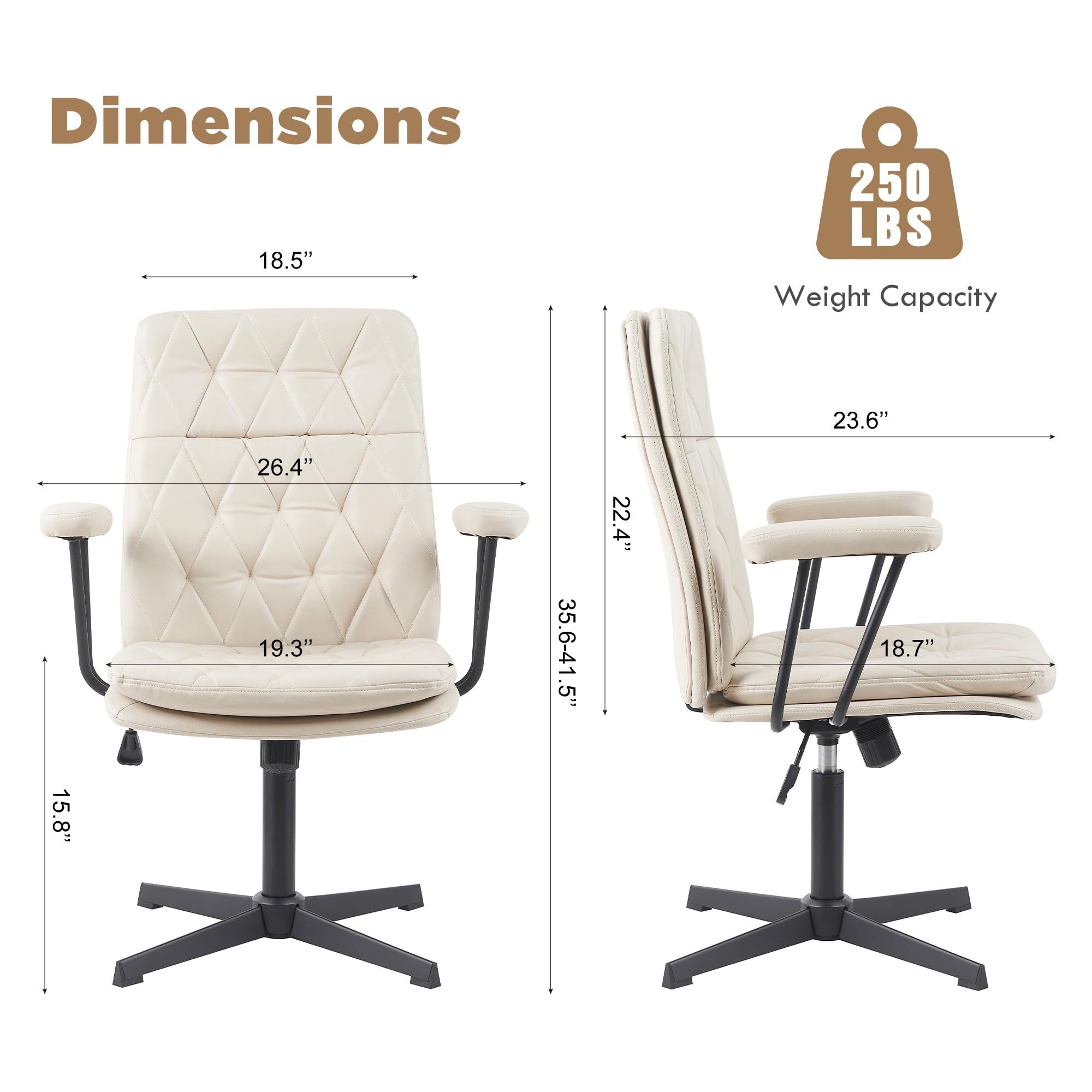 Silla de escritorio sin ruedas, giratoria, inclinable, para oficina en casa, con patas cruzadas, color blanco crema