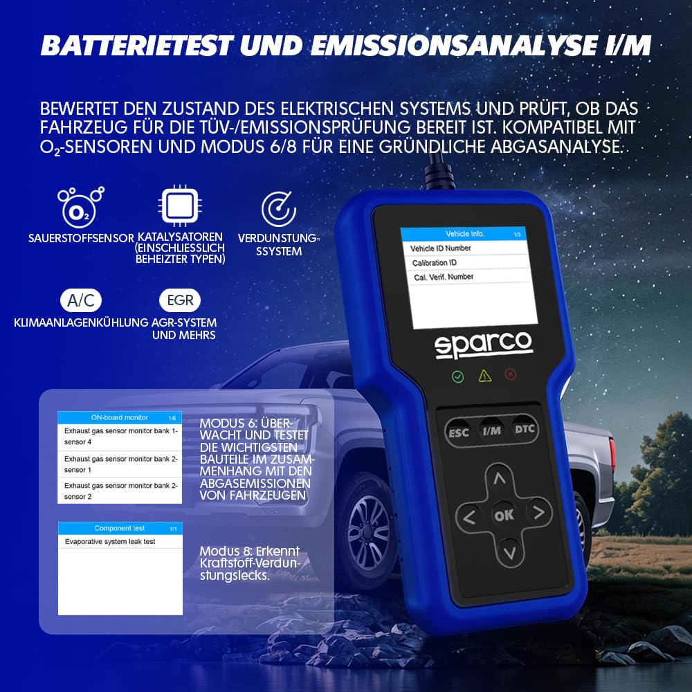Sparco OBD2-Diagnosegerät für Fahrzeuge, Scanner, Fehlercode-Lesegerät für Motor und Getriebe mit Batterietest und I/M-Emissionsbereitschaft, mehrsprachig, für Benzinfahrzeuge