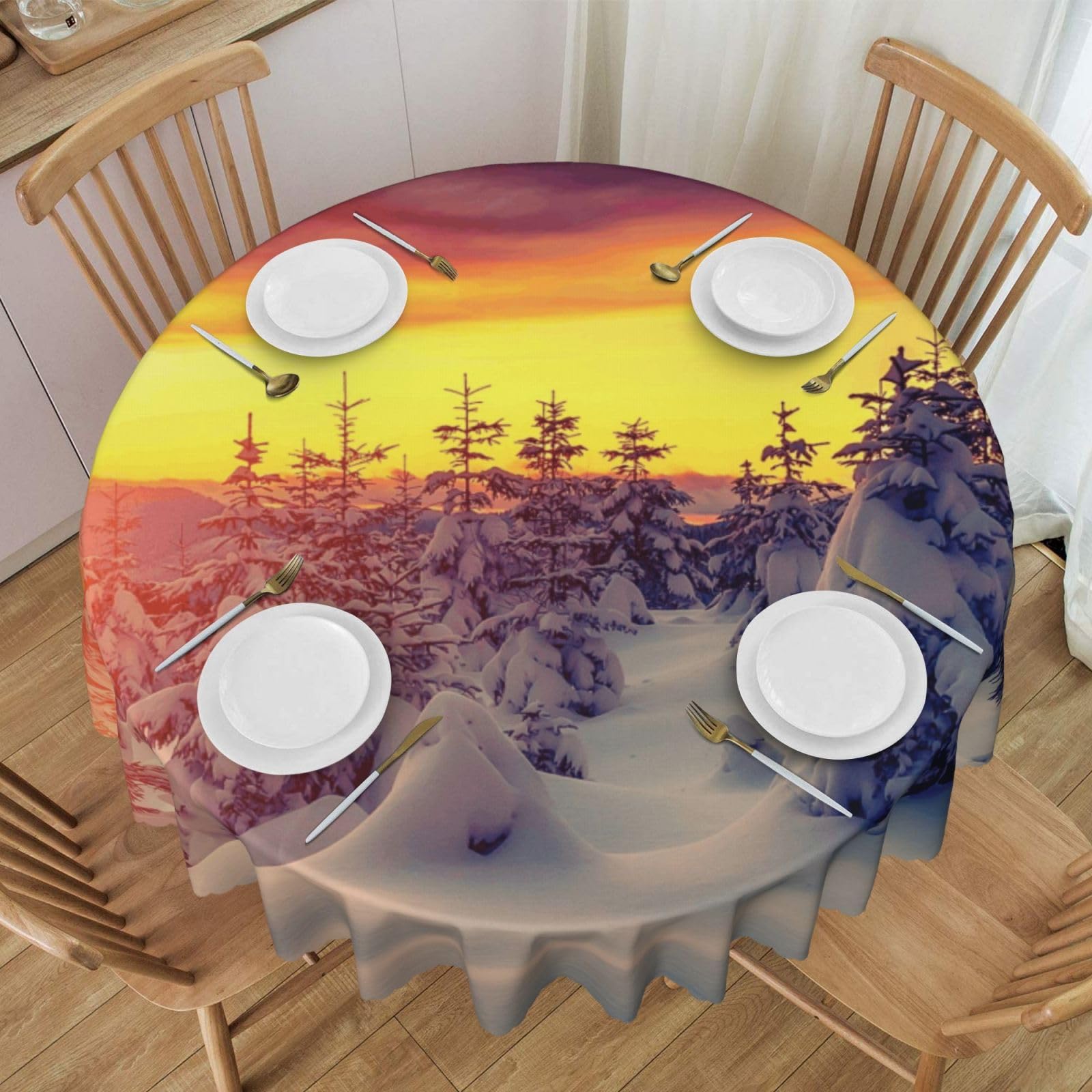 DCEHGEW 60 In Round Tablecloth with Lace, Winter Snow Sunset Landscape Printed Oilproof & Washable Fabric Picnic Table Cloth Table Covers