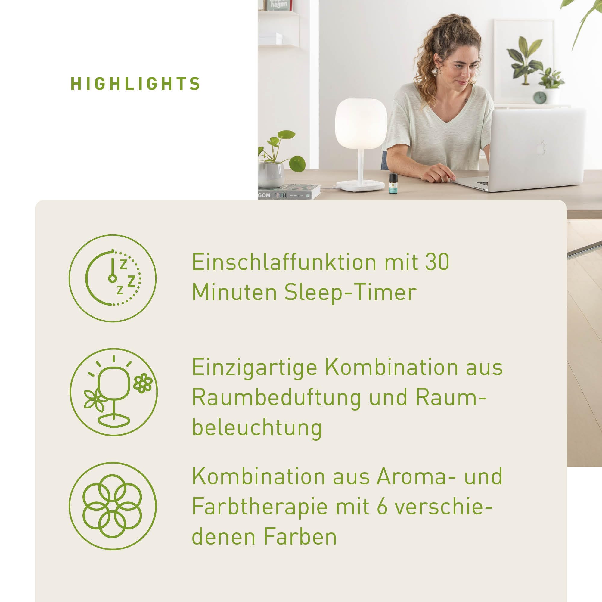 PRIMAVERA Aroma Leuchte Emotion – elektrische Duftlampe, Aromadiffuser, Raumduft – 6 Beleuchtungsfarben und warmweißes Licht – Aromatherapie