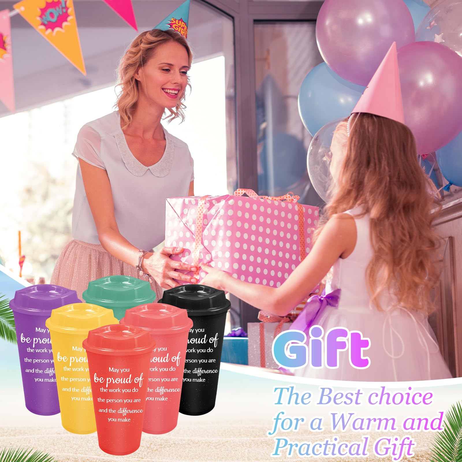 Lot de 24 gobelets à café en plastique avec couvercles colorés réutilisables pour la fête des pères – 473 ml – Gobelets inspirants pour enseignants, collègues, employés – Cadeaux de Noël