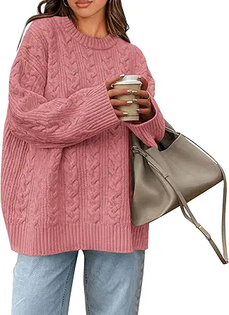 Okiwam Women's Oversized Sweaters Crewneck Cable Knit Pullover Casual Loose Fall Outfits Fashion Clothes 2025