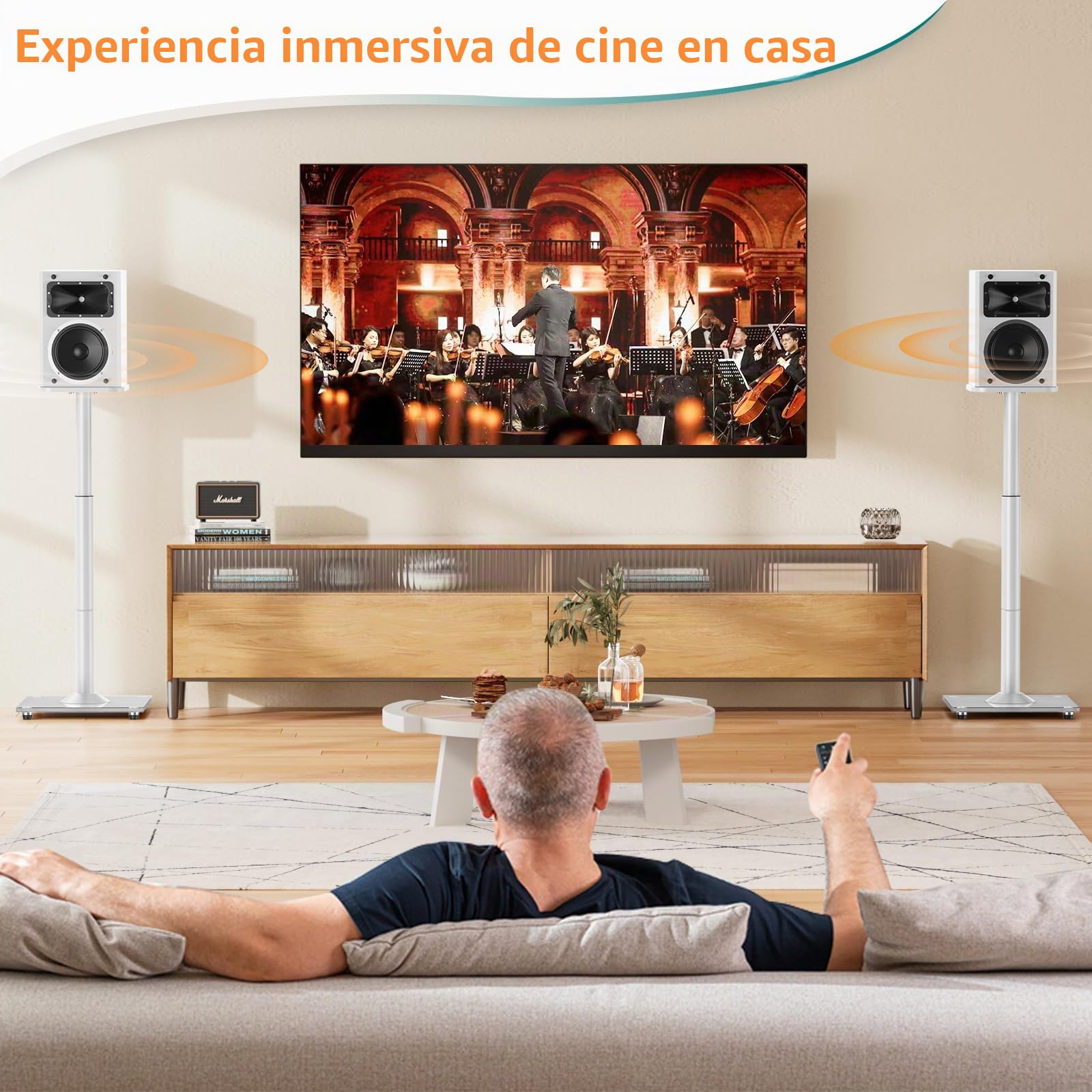 ELIVED Soporte universal para altavoces (altura regulable hasta 95 cm, con base de cristal y canal de cable interno para altavoces de estantería, 10 kg, 1 par), color blanco