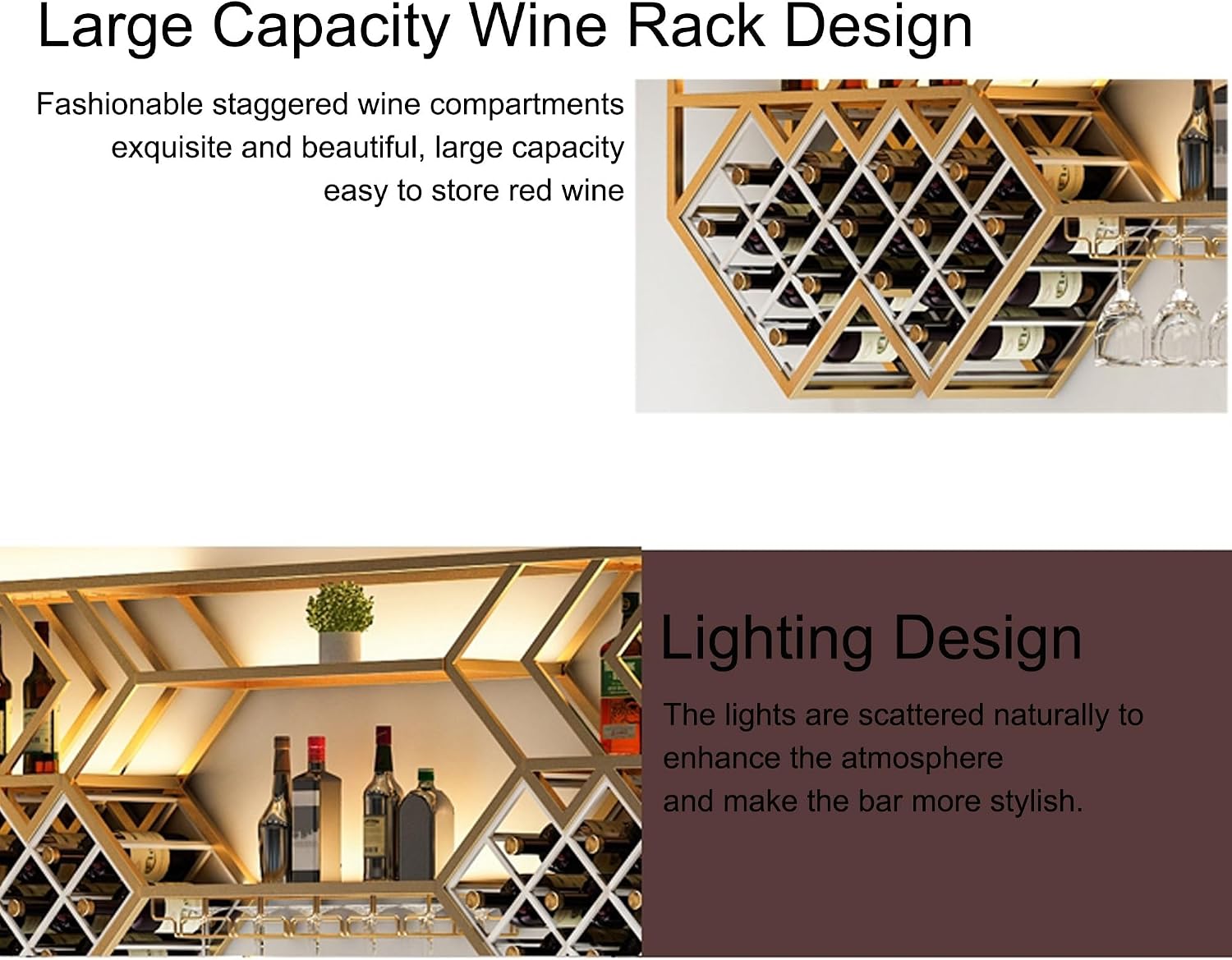 Wall Wine Rack Bar Shelves Liquor Bottle Shelf Wall Mounted with LED Light Racks for Wine Bottles with Hanging Wine Glass Holder Rack Floating Bar Cabinet Display Shelf for Home Bar Dining Room(Black,