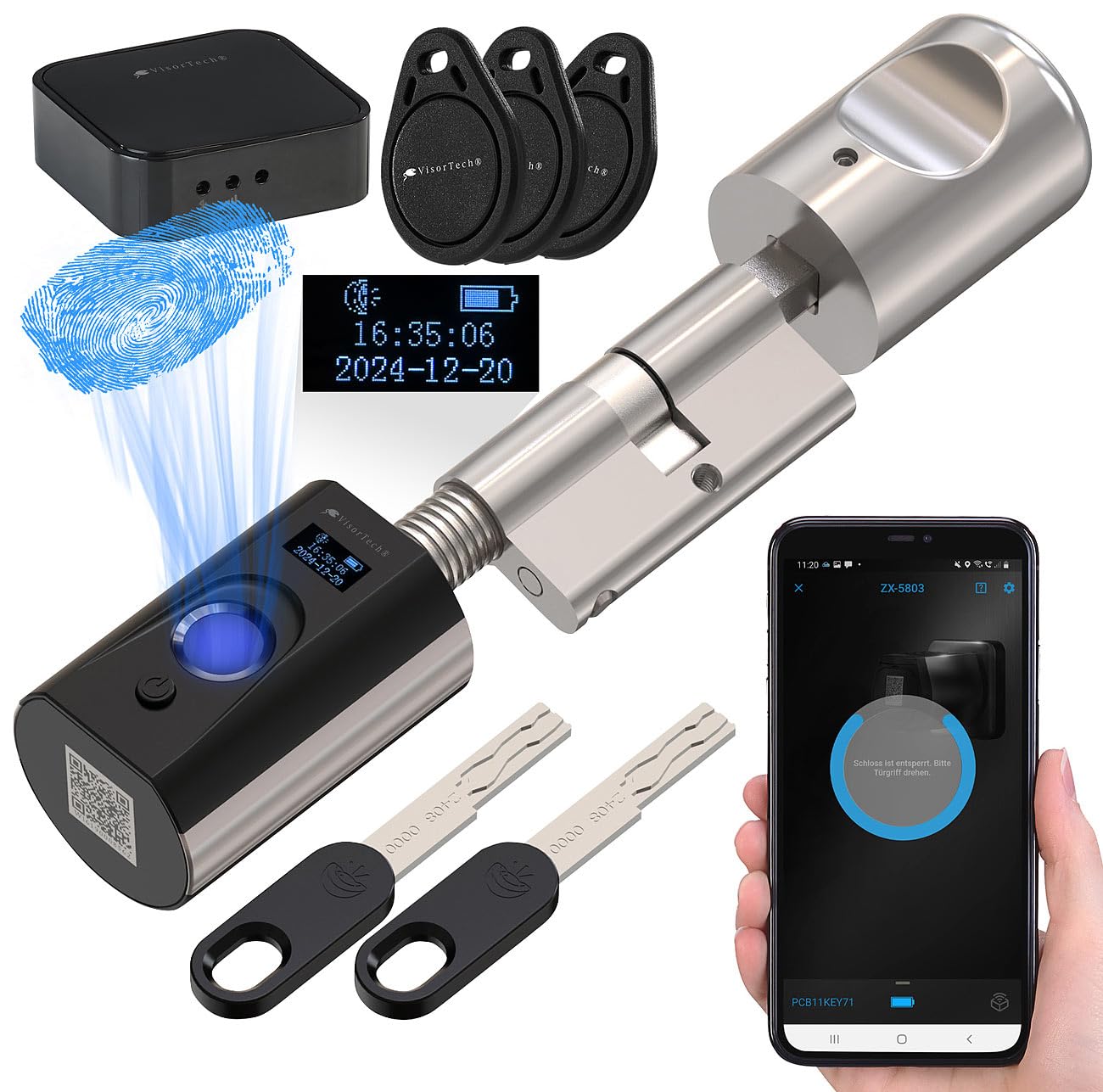 VisorTech Fingerscan Türschloss: Elektronischer Tür-Schließzylinder mit Fingerabdruck, Transponder +GW (Türschloss Haustür Fingerabdruck, elektrisch, Fingerprint, RFID)