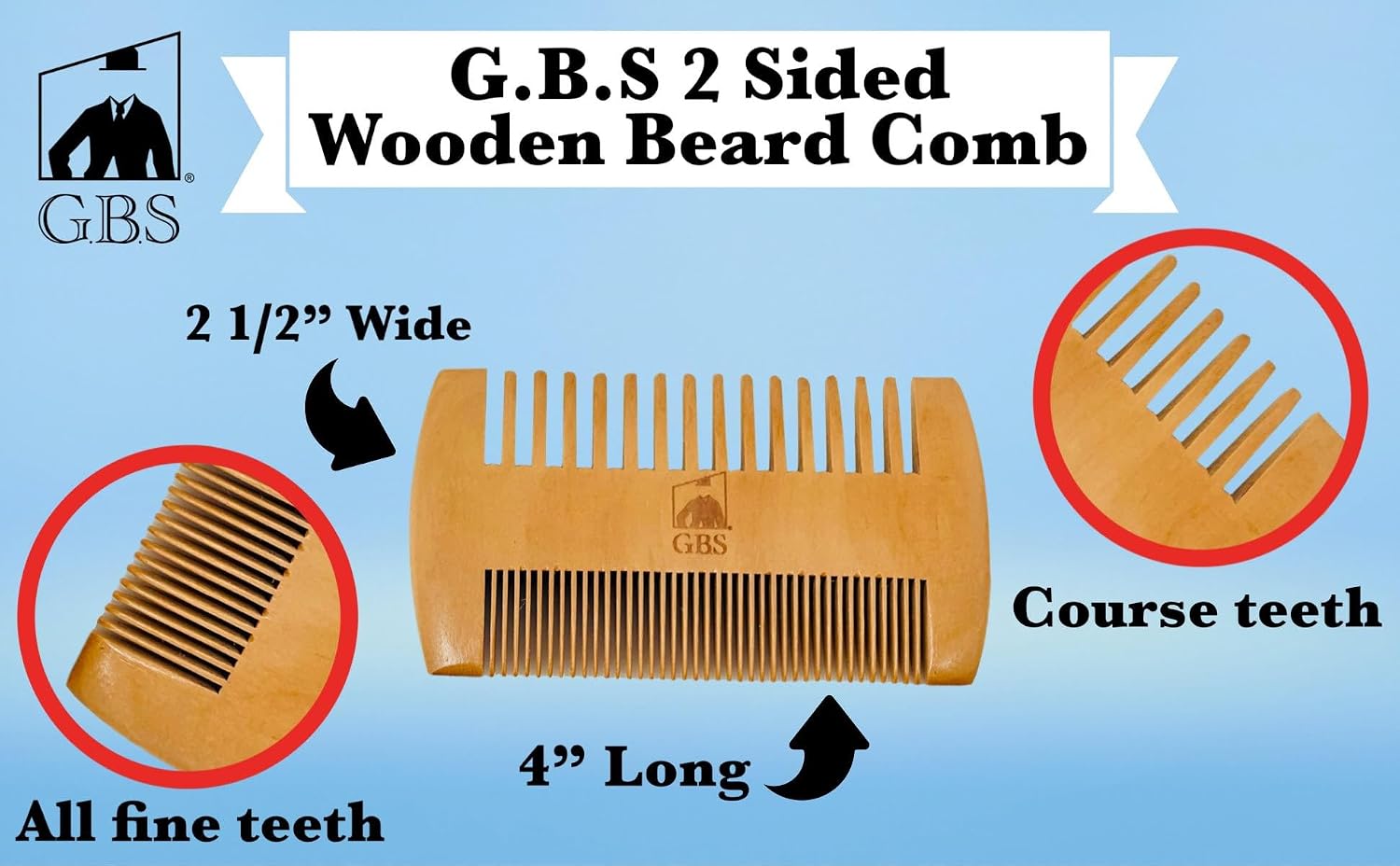 GENTS 2-Sided Wooden Beard & Mustache Comb with Fine & Coarse Teeth for Use with Balms, Wax and Oils - Pocket Sized