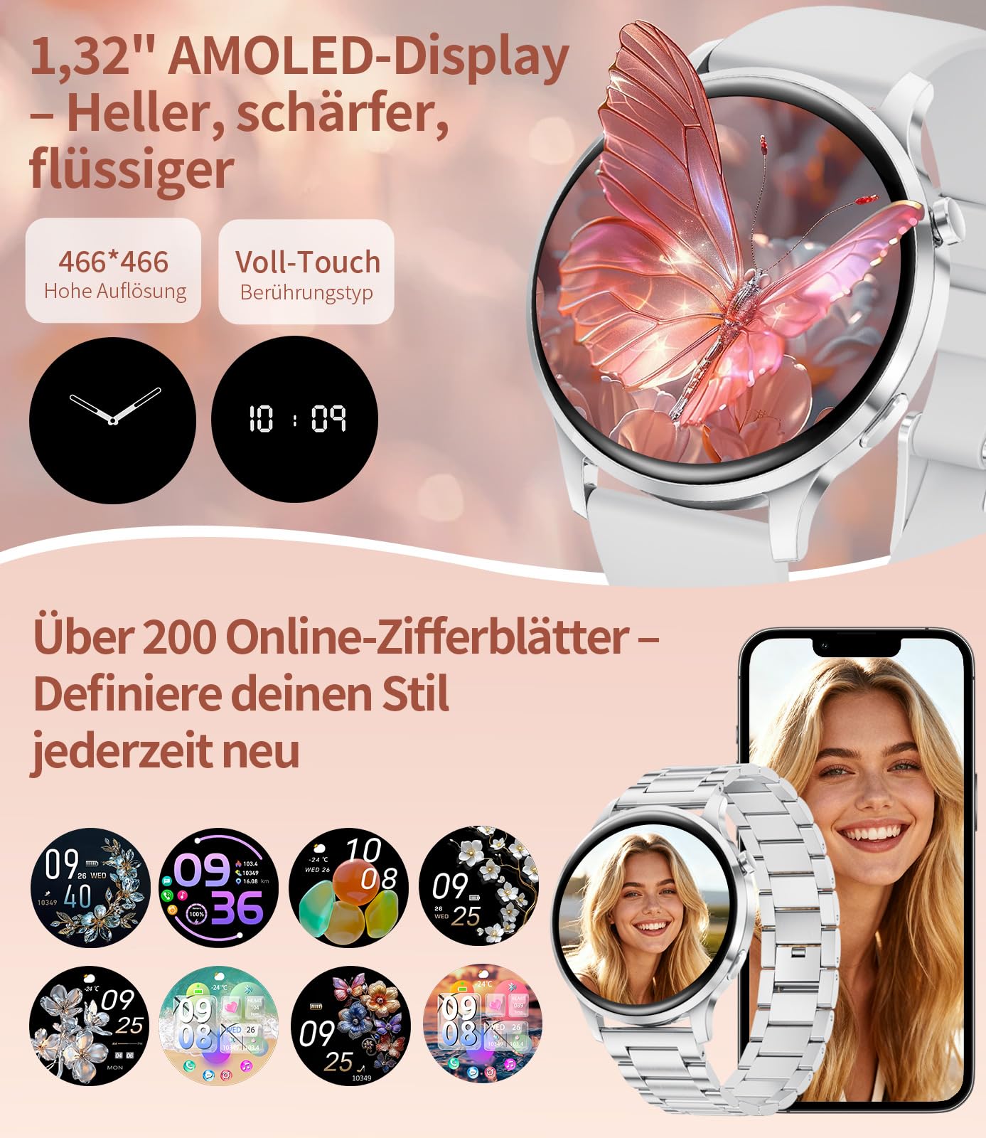 Smartwatch Damen mit Telefonfunktion, 1.32" AMOLED Fitnessuhr Smart Watch, 100+ Sportmodi Herzfrequenz Schlafmonitor Schrittzähler Uhr Damen, IP68 Wasserdicht Sportuhr für iOS Android (Silber)