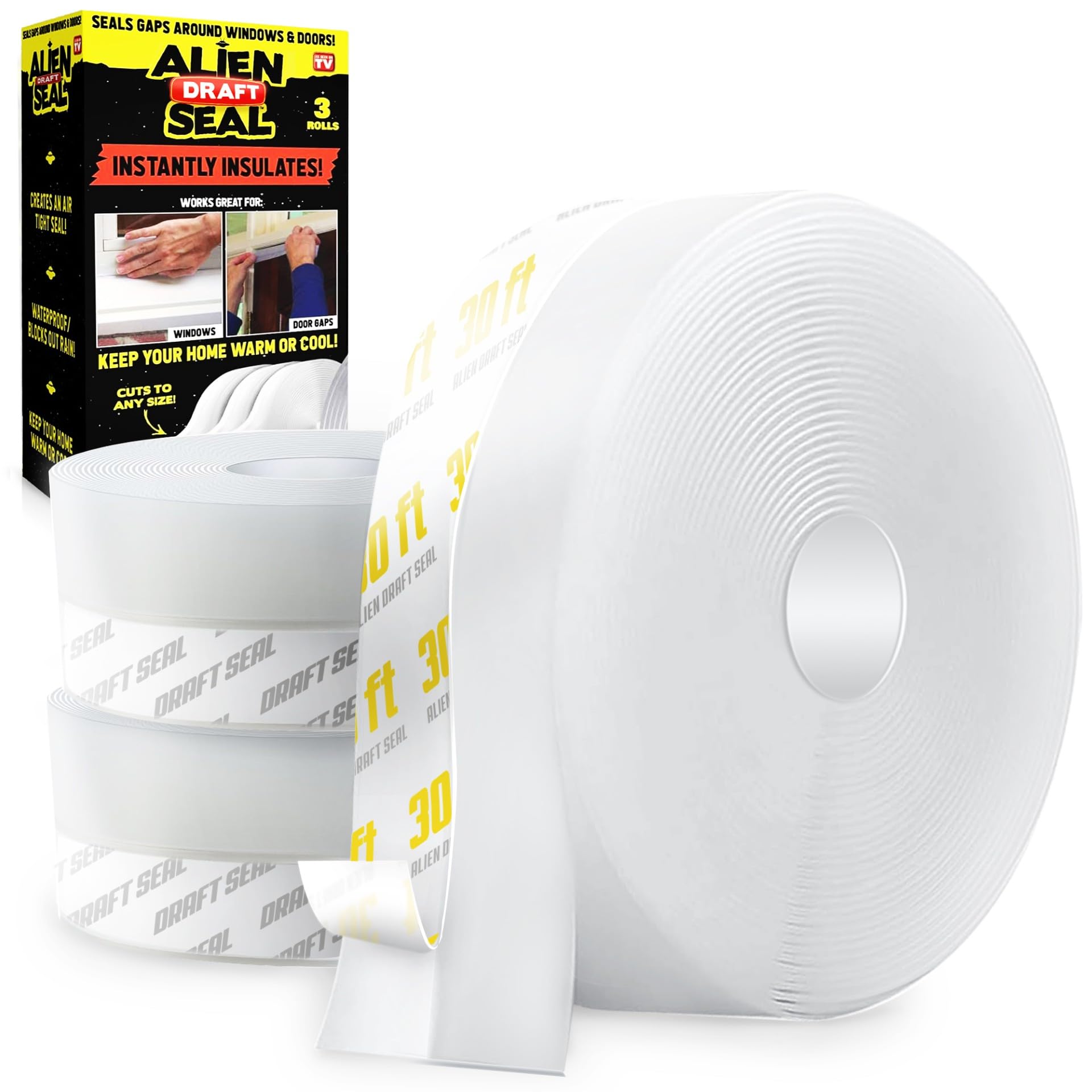 Alien Tape Transparent Alien Seal Deluxe Silicone Seal Strip Set Of 64 Feet Anti-Draft Adhesive Flexible Flap To Seal Gaps Around Doors, Showers, Windows, Weather Stripping Insulator Tape As Seen On Tv (3 Rolls)