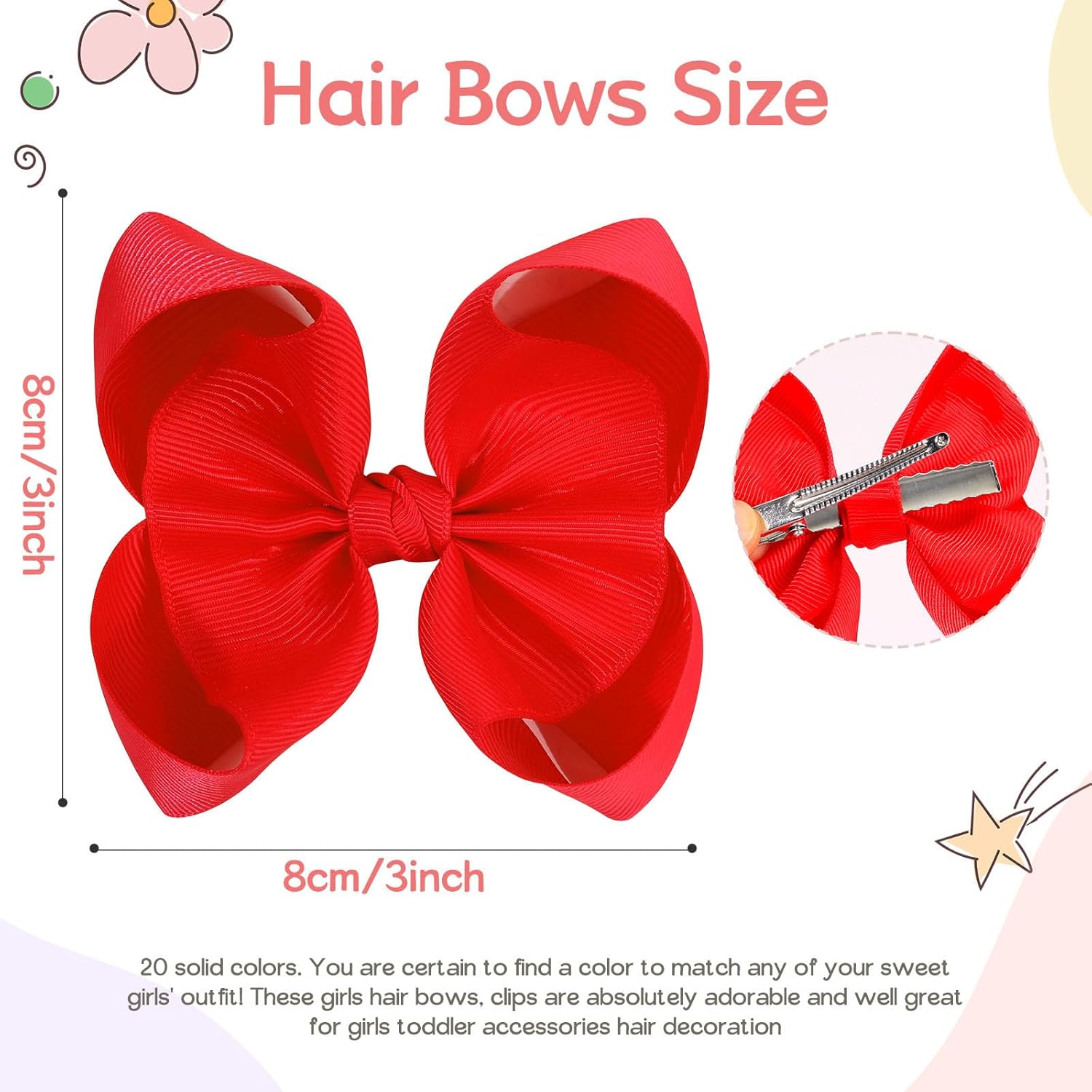 Oaoleer 20PCS 3 Inch Hair Bows for Girls Grosgrain Ribbon Toddler Hair Accessories with Alligator Clips for Toddlers Baby Girls Kids Teens in Pairs - Image 3