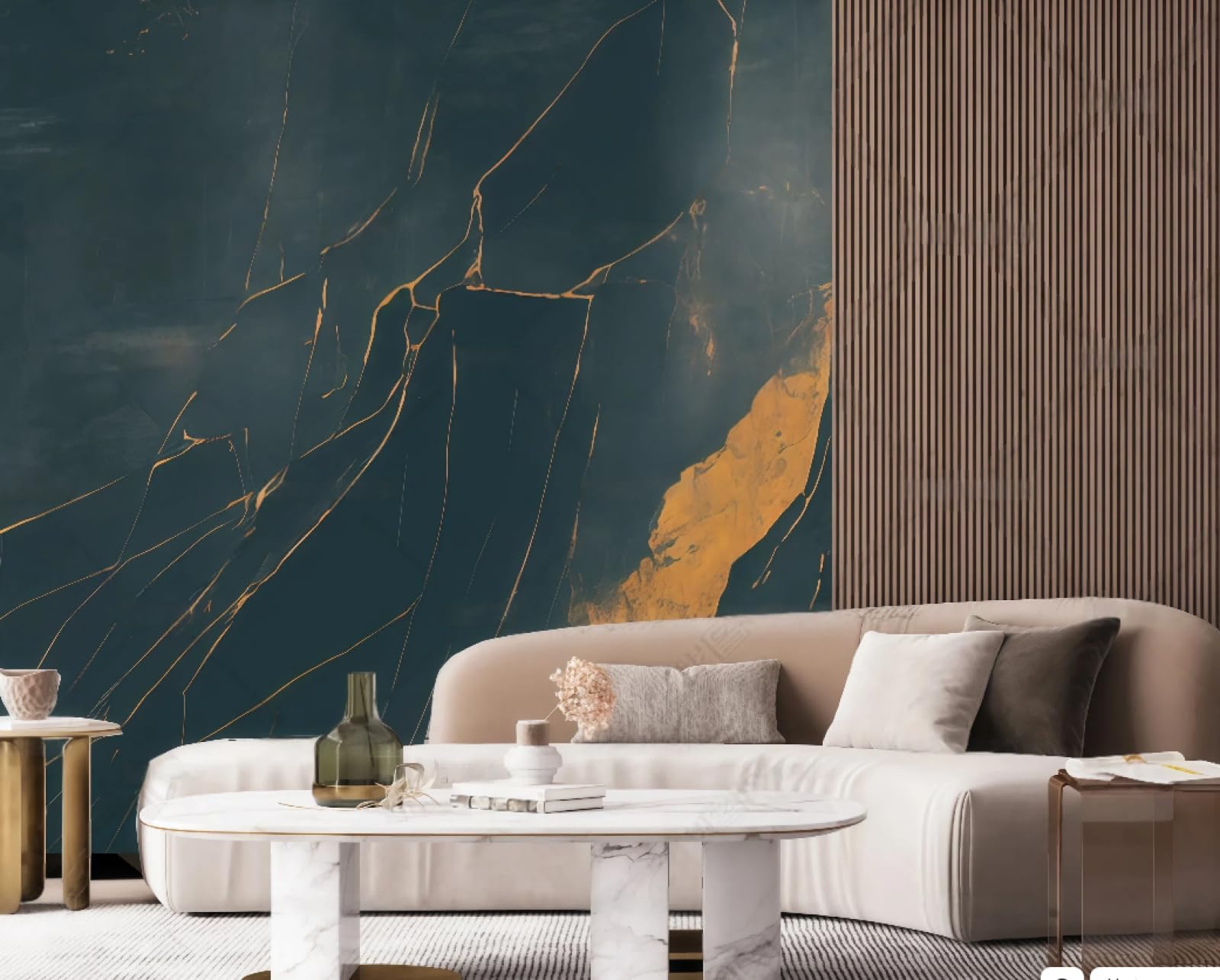 Tapeta nowoczesna minimalistyczna sztuka pomarańczowe falowane szwy ciemnoniebieski marmur TV sofa tło tapeta ścienna salon restauracja kawiarnia mural, 3D, 300 x 210 cm