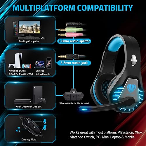 Miniatura 4 de Pacrate Auriculares para juegos con micrófono para PC, PS4, PS5, auriculares con cancelación de ruido, auriculares para juegos para laptop, Mac,