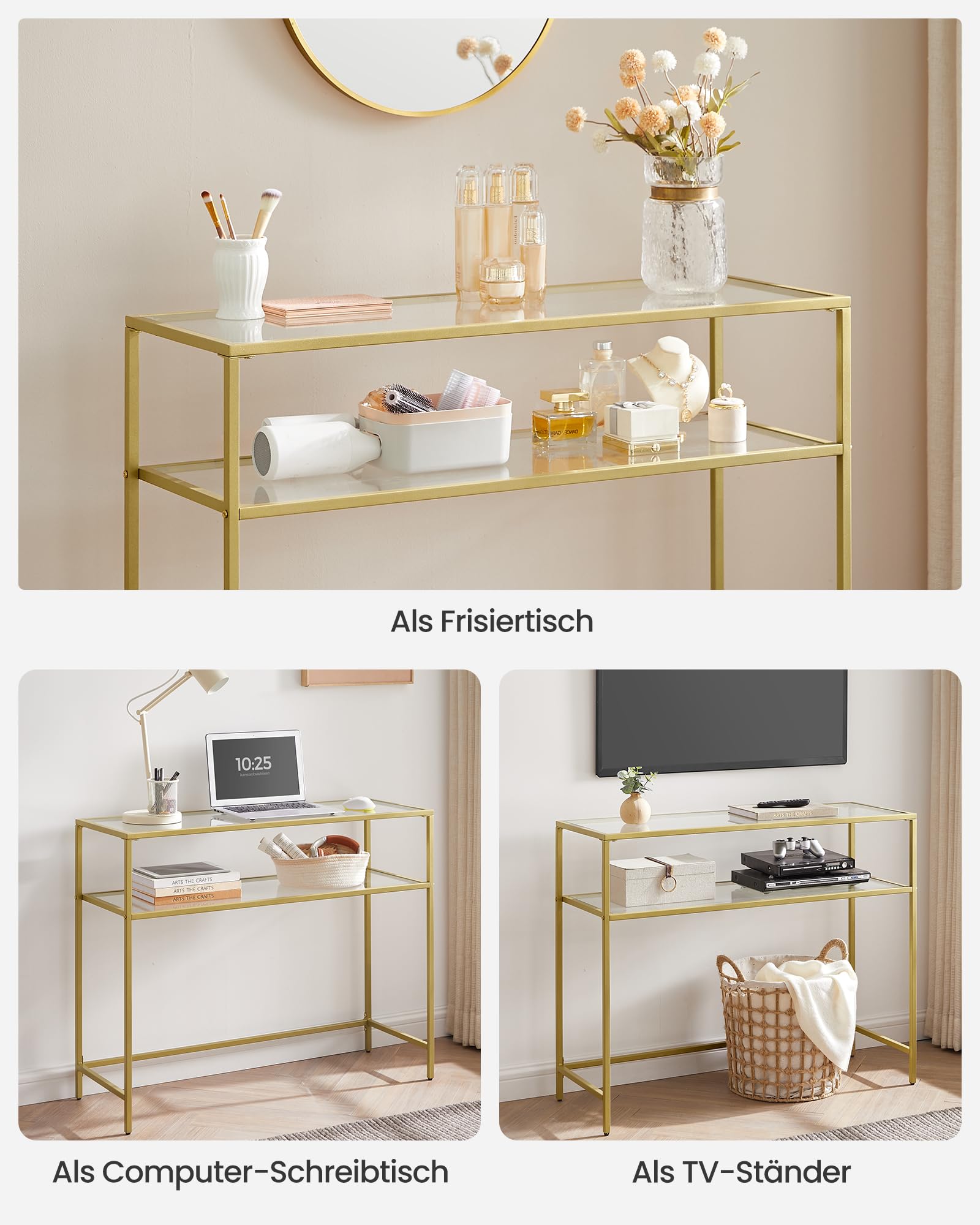 VASAGLE Konsolentisch, Beistelltisch, Oberfläche aus Hartglas, moderner Sofatisch, einfacher Aufbau, verstellbare Füße, Wohnzimmer, Flur, goldfarben-transparent LGT025A01