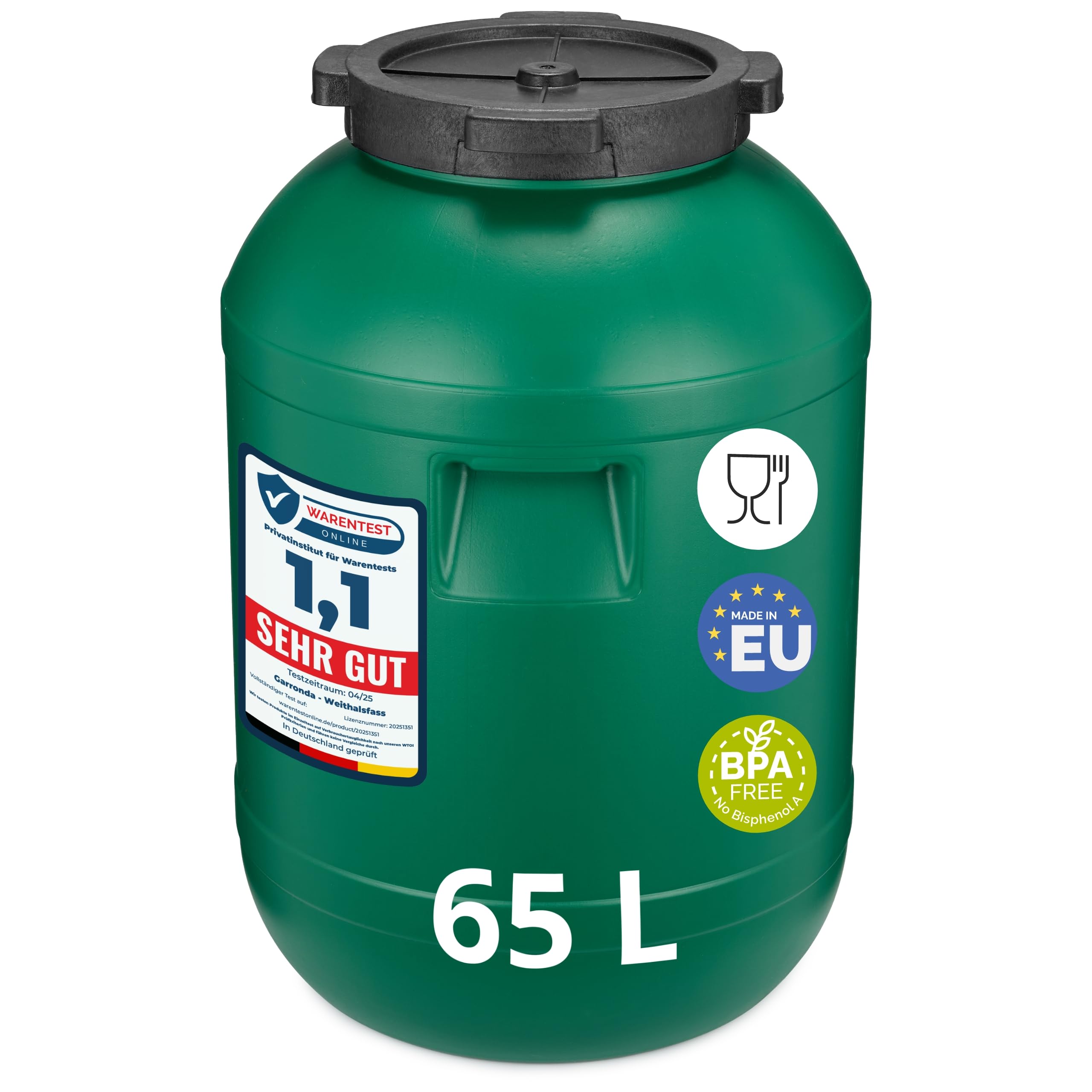 Garronda 65L Fût Plastique Alimentaire Sans BPA – Récupérateur d'Eau Bidon Alimentaire avec Couvercle pour Eau, Choucroute, Croquettes, Fermentation GD-​0142