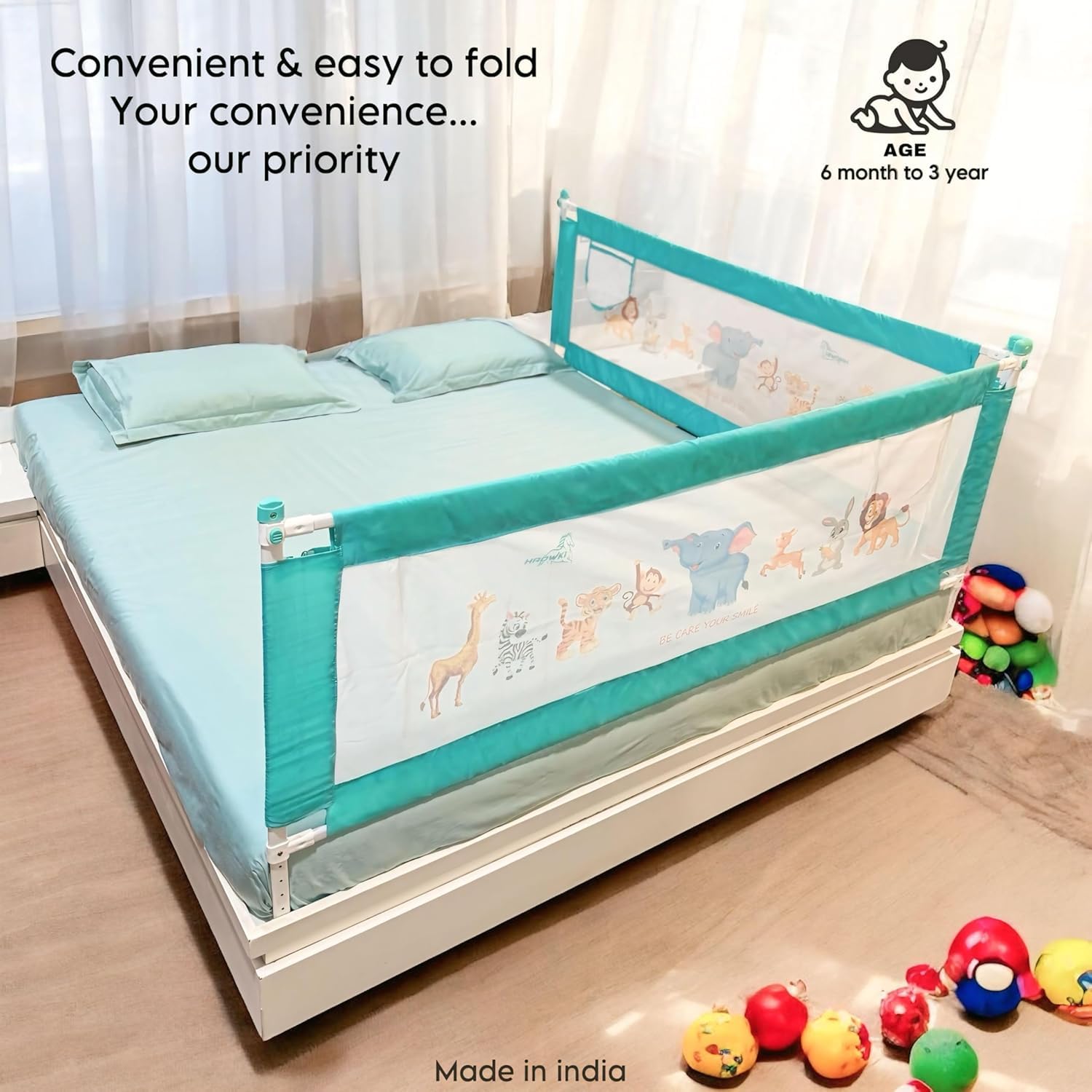 HAOWKI Alloy Steel Bed Rail Guard for Baby/Kids Safety, 176cm x 76cm (6ft x 2ft), Portable & Foldable, Adjustable Height, Attractive Cartoon Prints, King Size & Queen Size Bed - Image 6 thumbnail