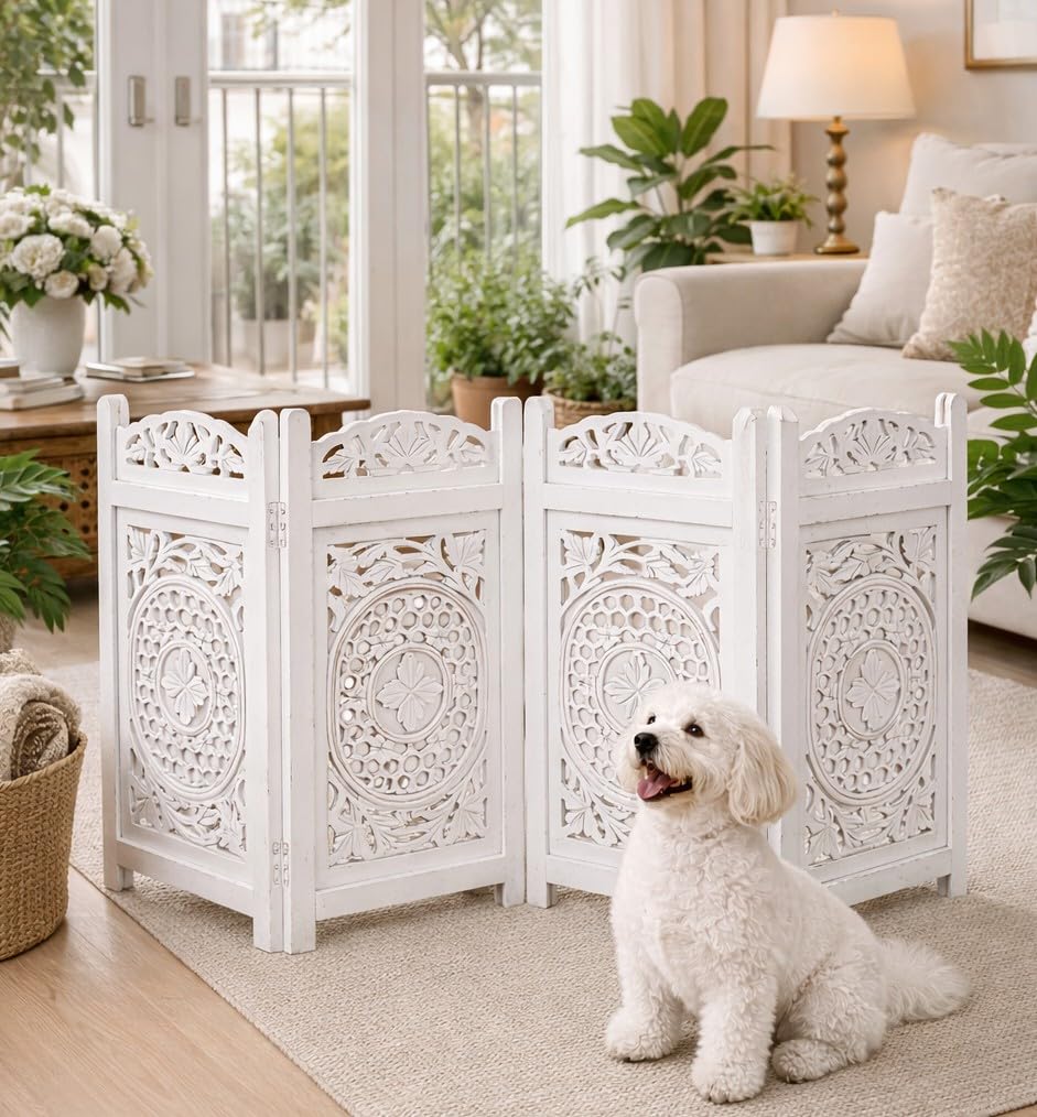 Pet Gate indoor Foldable in Raise Wood-4 Panel Dog Safety Gate, 56"W x 28"H, Hand-Carved Solid Wood & MDF, Free Standing Portable Indoor Gate for
