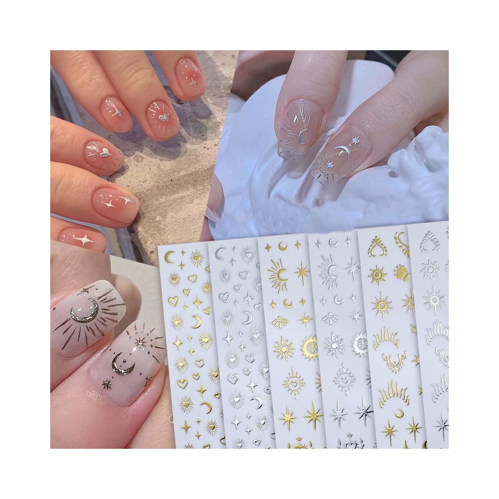 6 Sheet Star Moon Nail Stickers Laser Gold Silver Sun Nail Art Stickers Hallow Heart Flower Nail Decals Cloud Starlight Luxury Nail Decals Nail Art