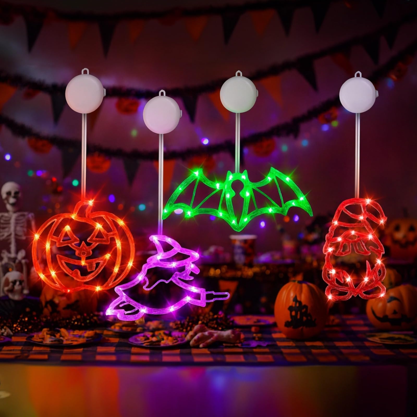 Generisch 4 STK. Halloween-Saugnapf-Leuchten, LED-Fensterdeko in Mehrfarben, gruselige Indoor-Deko aus Kunststoff, Festliche Ornamente für Zuhause, Partys und saisonale Displays