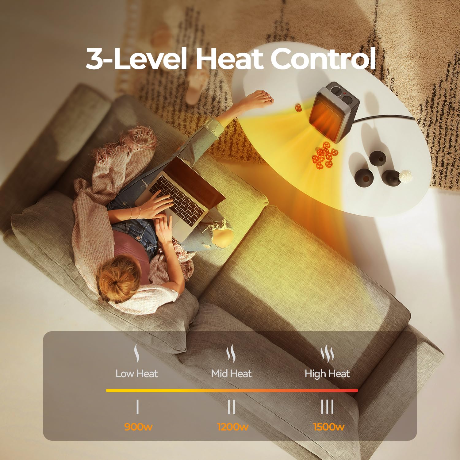Calentadores de espacio para uso en interiores, calentador eléctrico portátil de 1500 W con termostato, calentador de cerámica para habitación, dormitorio, oficina, debajo del escritorio, con 3 6