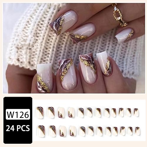 Miniatura 4 de Uñas postizas cuadradas medianas con pegamento de lámina dorada, uñas postizas blancas cortas con ataúd de cobertura completa con diseño de brillos,