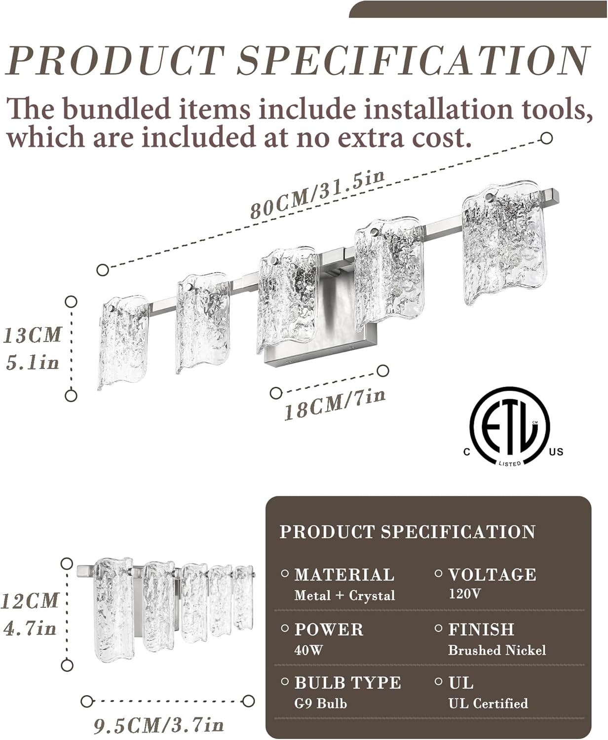 5-Light Bathroom Vanity Light, 31" Brushed Nickel Bathroom Light Fixture Over Mirror with Clear Glass, Modern Bath Wall Sconce Lighting, View Bundled for Installation Tools, OS-MM5002-5BN