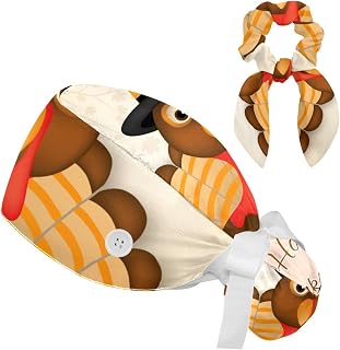 FVQL 2 Pieces Surgical Cap for Long Hair Scrub Cap with Hairband Nurse Cap, Thanksgiving Day and Turkey