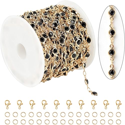 KYUNHOO 16.4 Feet Gold Plated Chain for Jewelry Making Black Rhinestone Bead Chain with Jump Rings and Lobster Clasps Jewelry Craft DIY Decoration