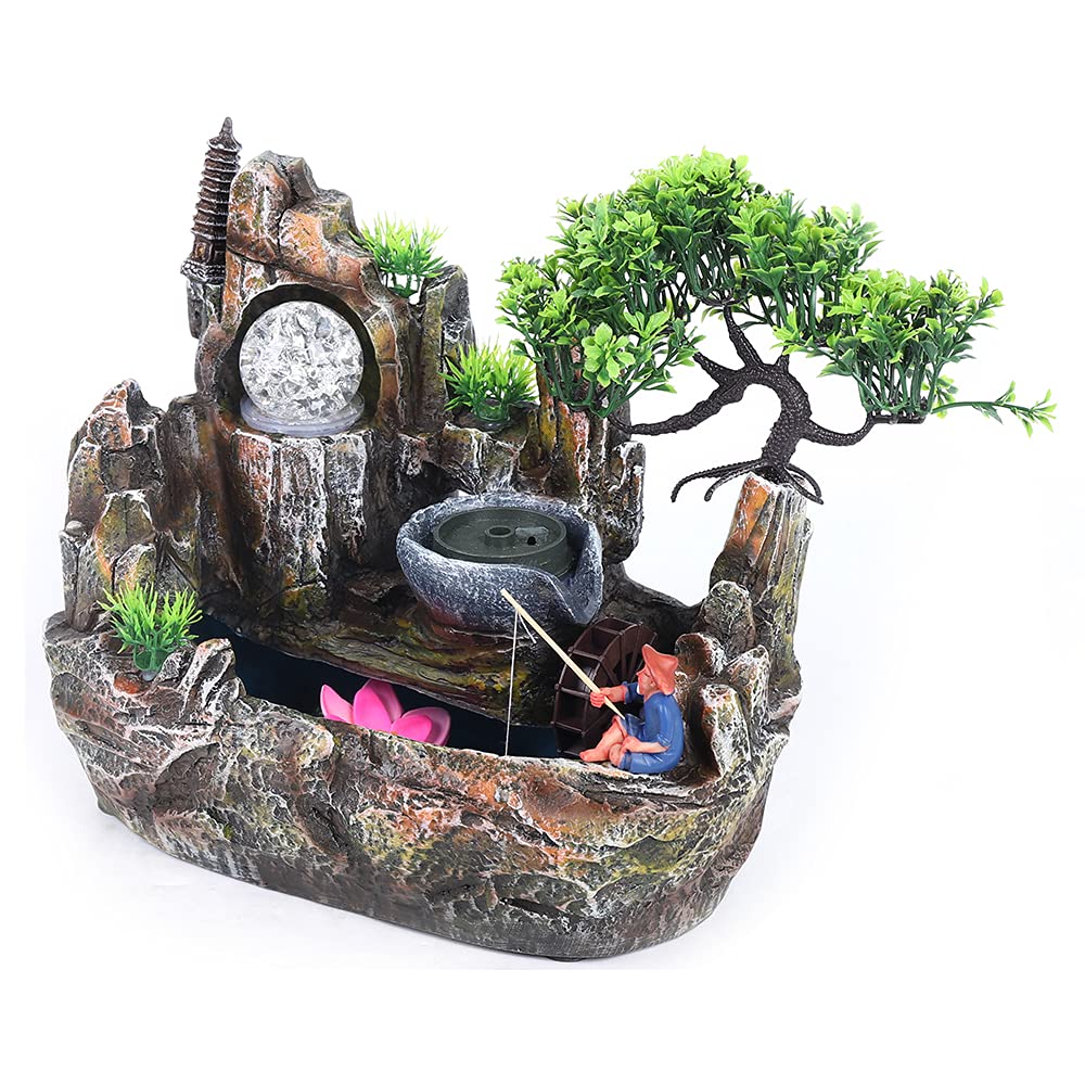 Fontaine d'intérieur Feng Shui Fontaine à jet avec boule de cristal LED et vaporisateur Fontaine de table avec jardin de pierres décoratives et étang Jeu d'eau de bureau Cascade