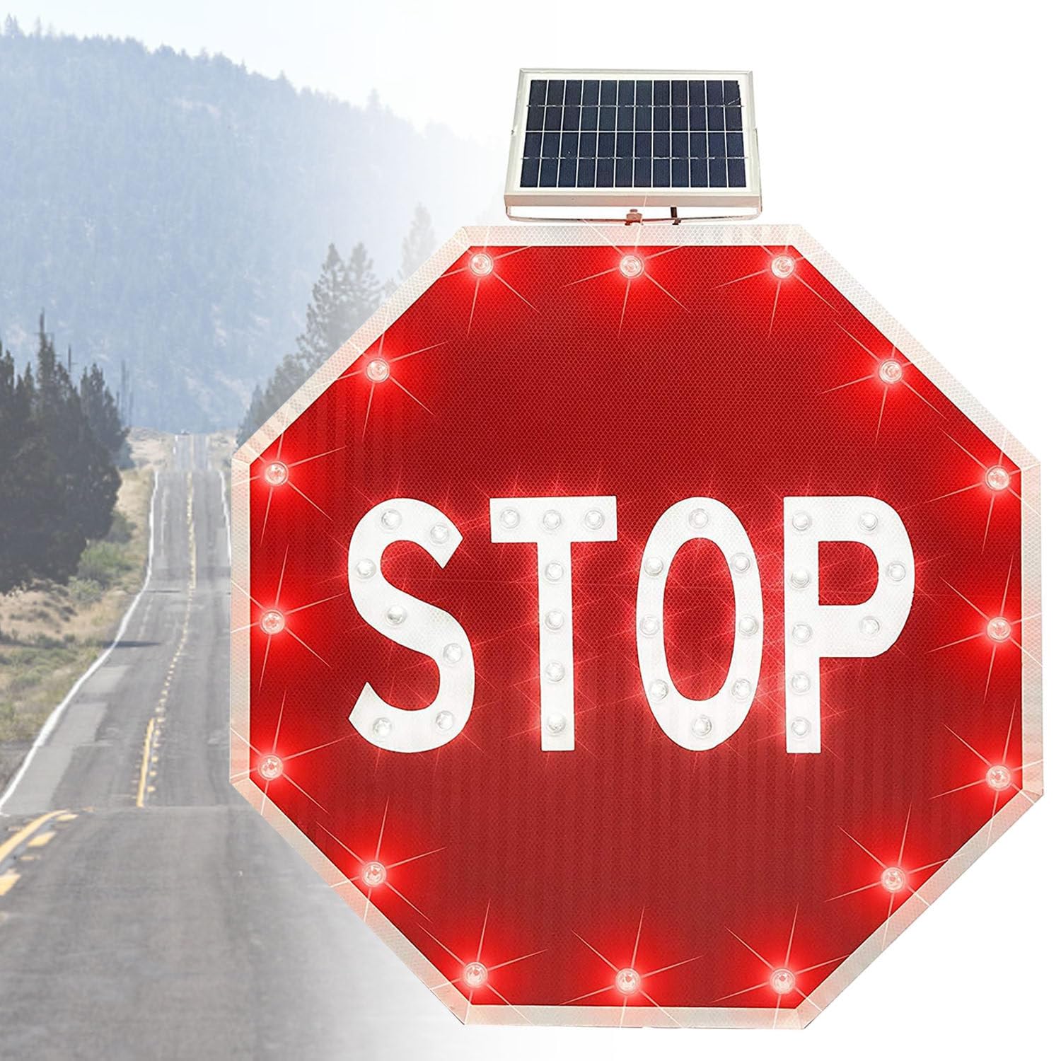 Señales de tráfico solares Intermitentes, señal de tráfico Octagonal de Aluminio, con película Reflectante de Grado Industrial, señal de Stop LED Intermitente con energía Solar 32IN-1