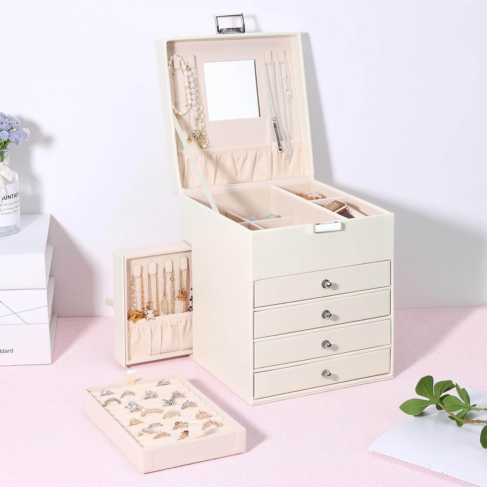 Caja Joyero con 5 Niveles de PU, Estuche para Joyería con 6 Cajones, Caja Organizador de Joyas con cajones laterales para collares, pendientes, anillos, relojes, Beige