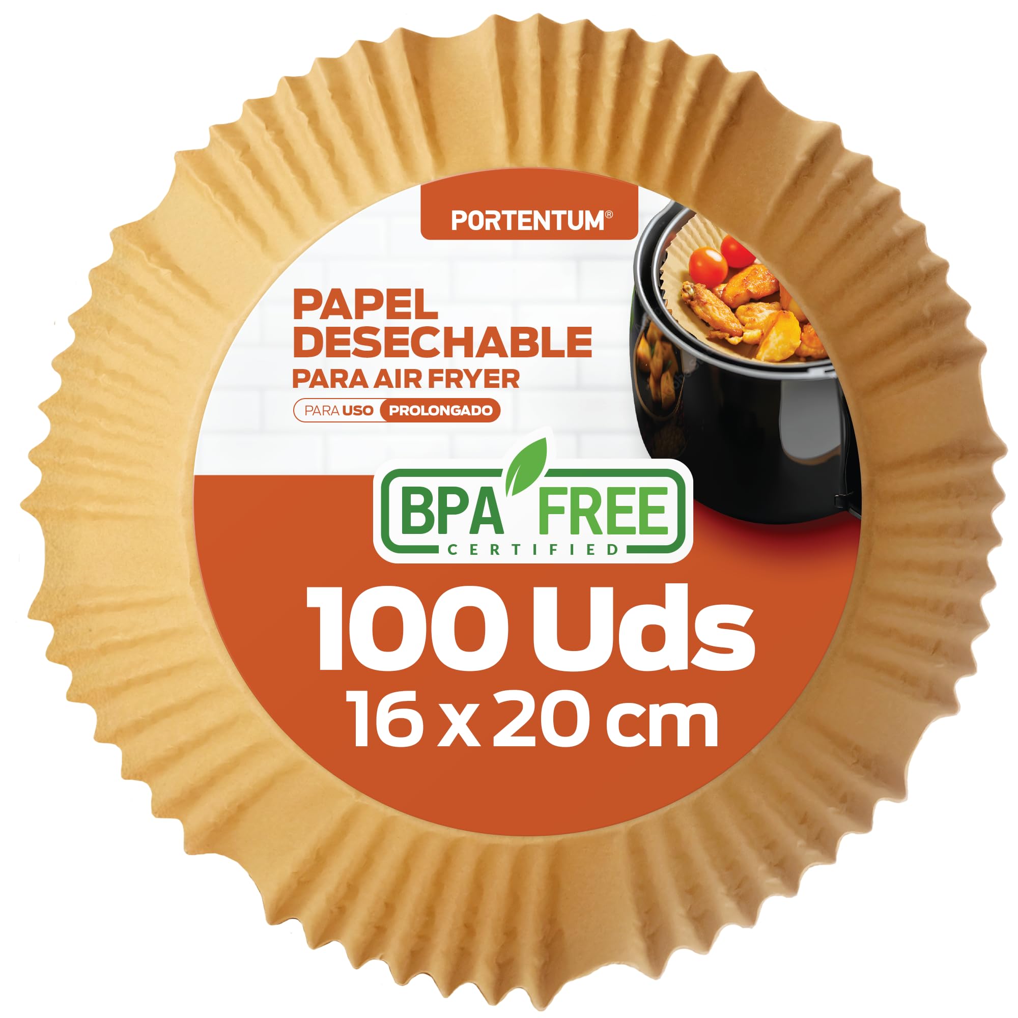 PORTENTUM Papel freidora aire 100 unidades de 16-20 cm Redondo. Papel Air Fryer Grado alimenticio BPA free, FDA y LFGB Certificado ClimatePartner