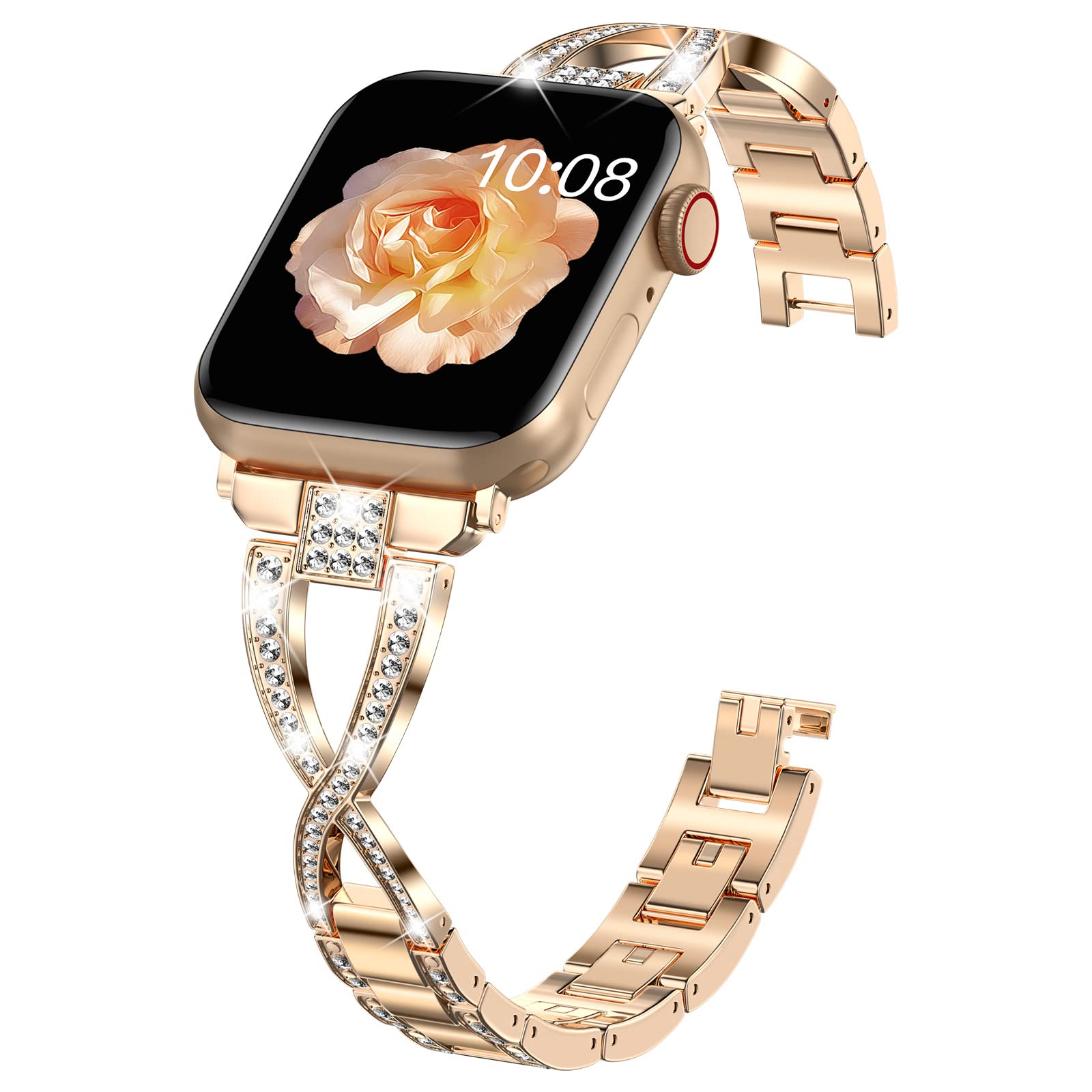 DABAOZA Compatible for Apple Watch Band 44mm, Bling Women Girl X-Link Metal Strap Shiny Slim Thin Replacement Bracelet for iWatch SE Series 6 5 4 (44mm,Rosegold)