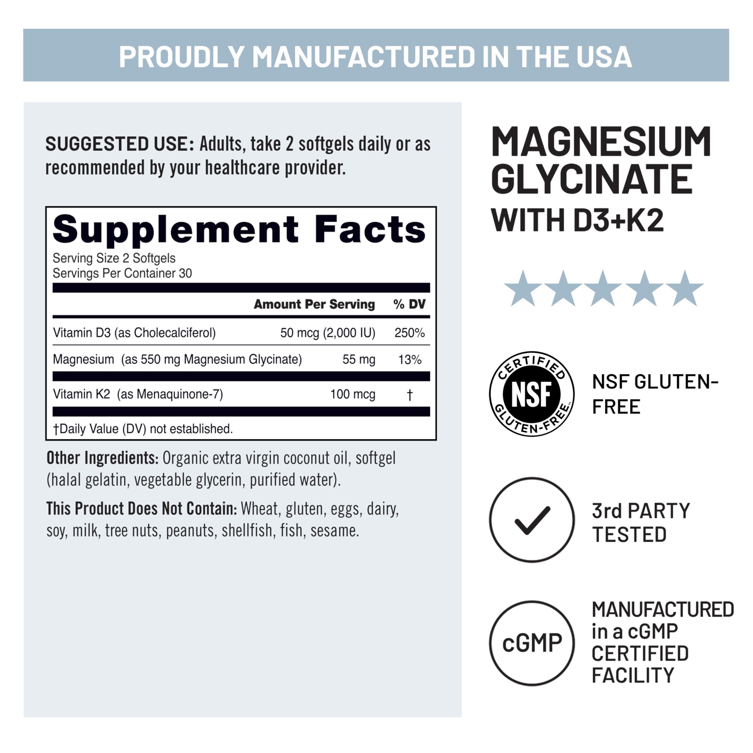 NatureWise Magnesium Glycinate 550mg + 2000 IU Vitamin D3 K2 100 mcg - D3 K2 Magnesium Supplement - Chelated for High Absorption - Bone Support - Non-GMO, USA Manufactured - [30-Day Supply] — Amazon image 12