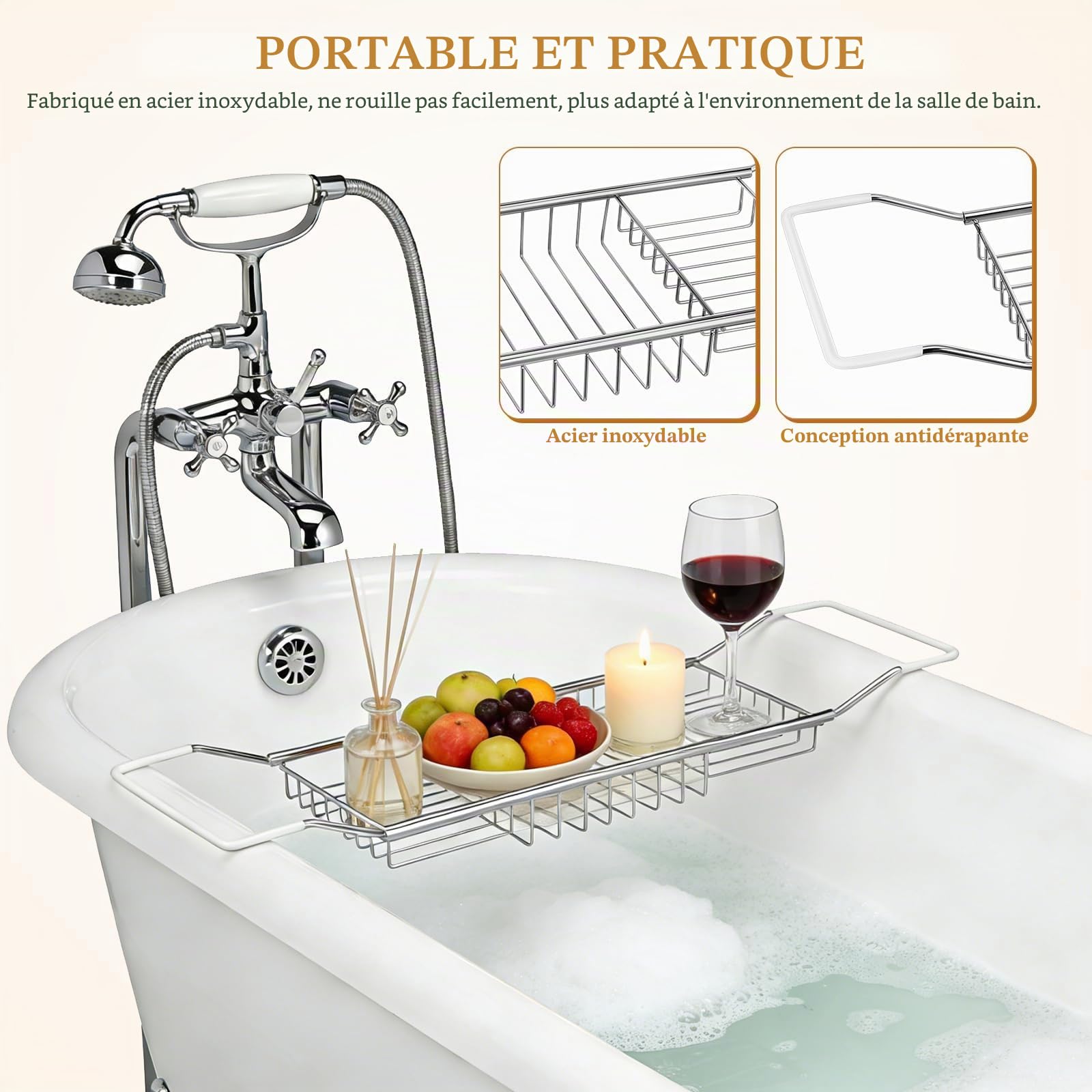 Cabilock Plateau De INOX Extensible Antidérapant Support Rangement Multifonction pour Bain Et Lecture