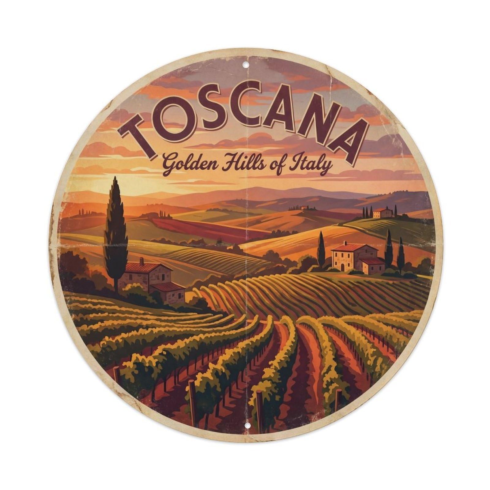 Vintage Travel Tuscany Vineyards Italy Metal Tin Sign Plaque Wall Decor for Cafe, Club Bar, Office, Home Garden Round Metal Poster 8x8Inch