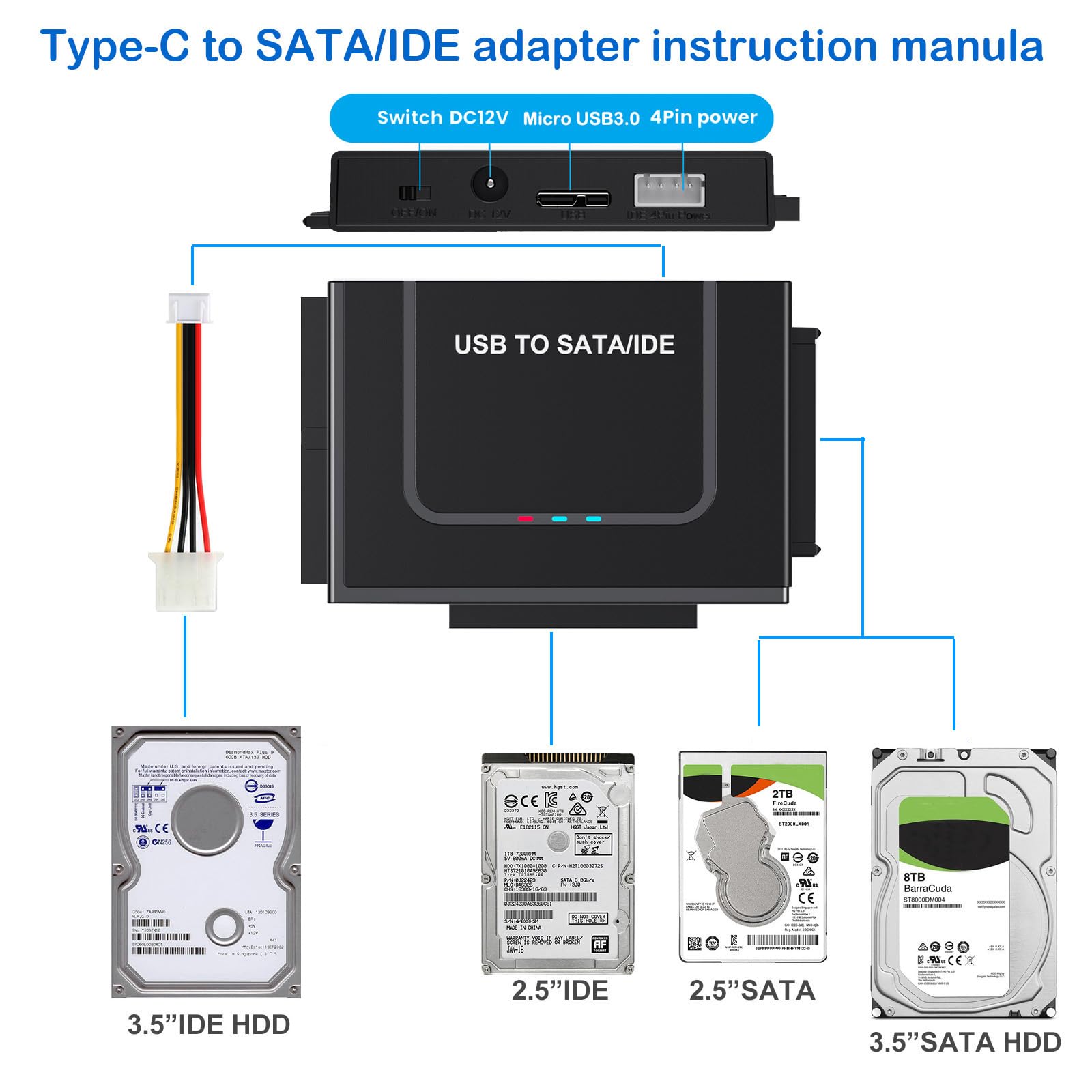Adaptador USB 3.0 a IED SATA, convertidor de lector de disco duro externo SATA adaptador USB para HDD SSD de 2.5 pulgadas y 3.5 pulgadas con adaptador de corriente de 12/2 A