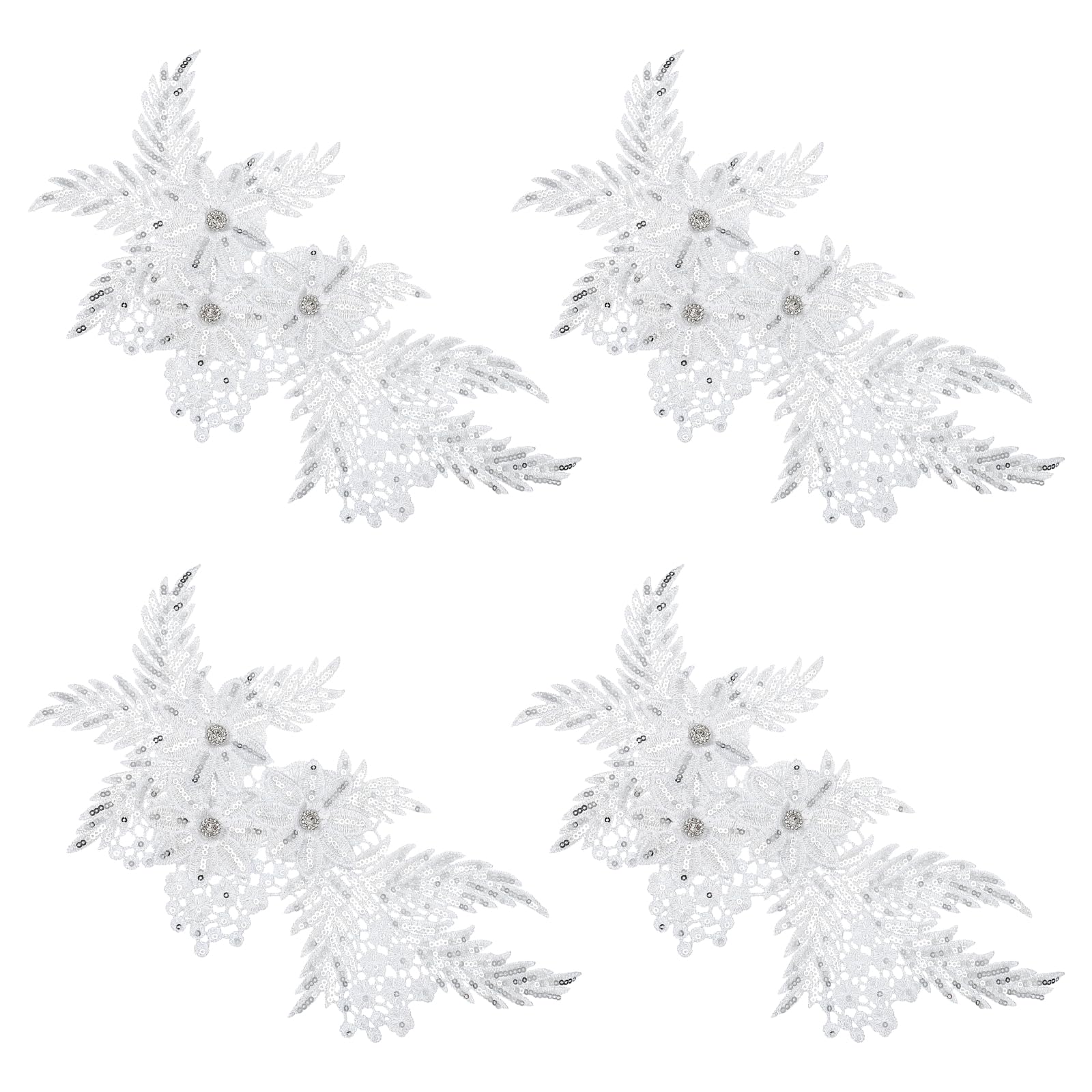 sourcing map 4 Pcs(2 Pairs) Flower Sequin Applique with Rhinestone Bead, 3D Embroidery Patch Sewing Addition Embellishments for Wedding Bridal Dress Clothes DIY Crafts Decor, Silver/White