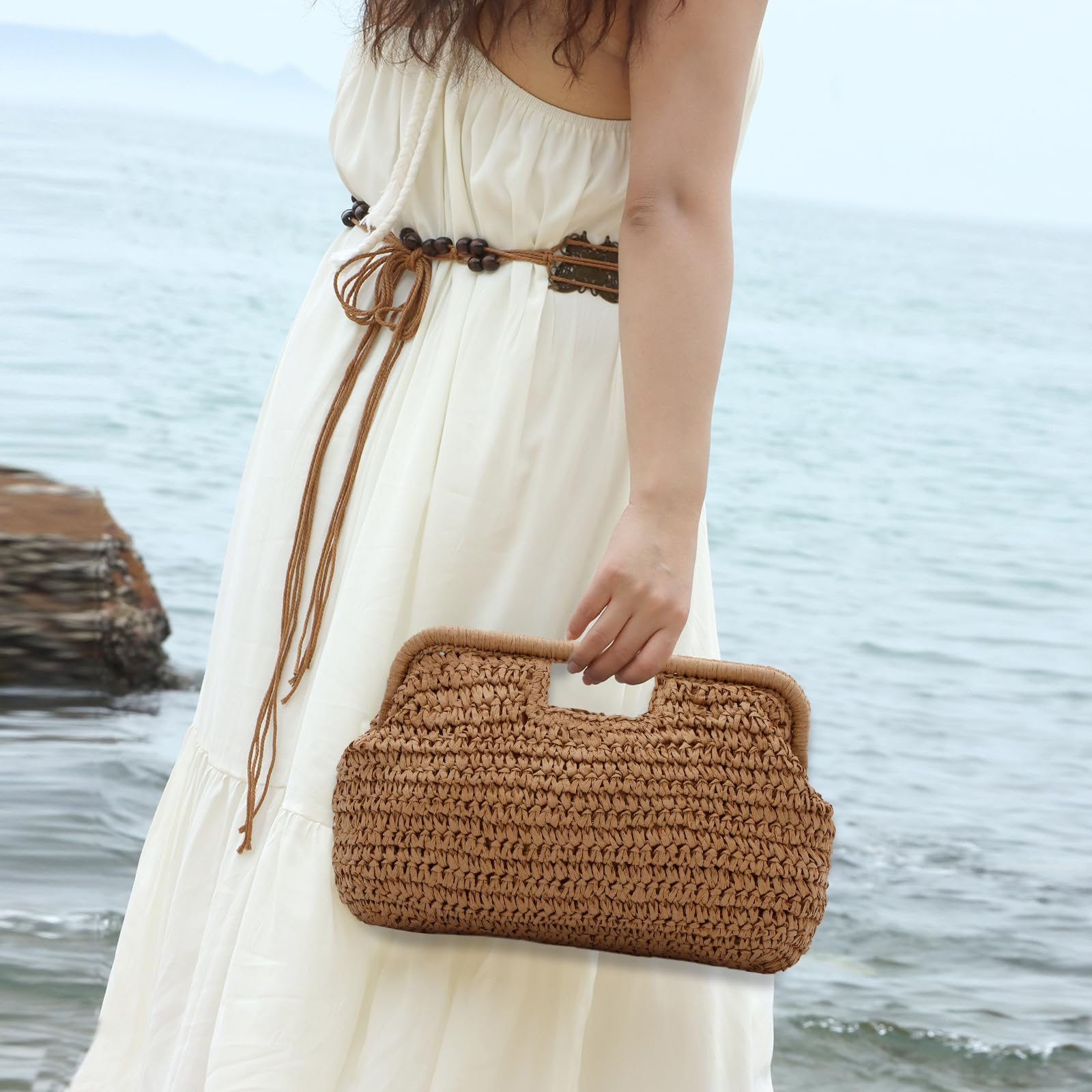 EVEOUT Clutch de Rafia Trenzada para Mujer Verano Cartera de Mano Rafia para Playa Vacaciones Boho Bolso Paja Tejido para Fiesta Bodas