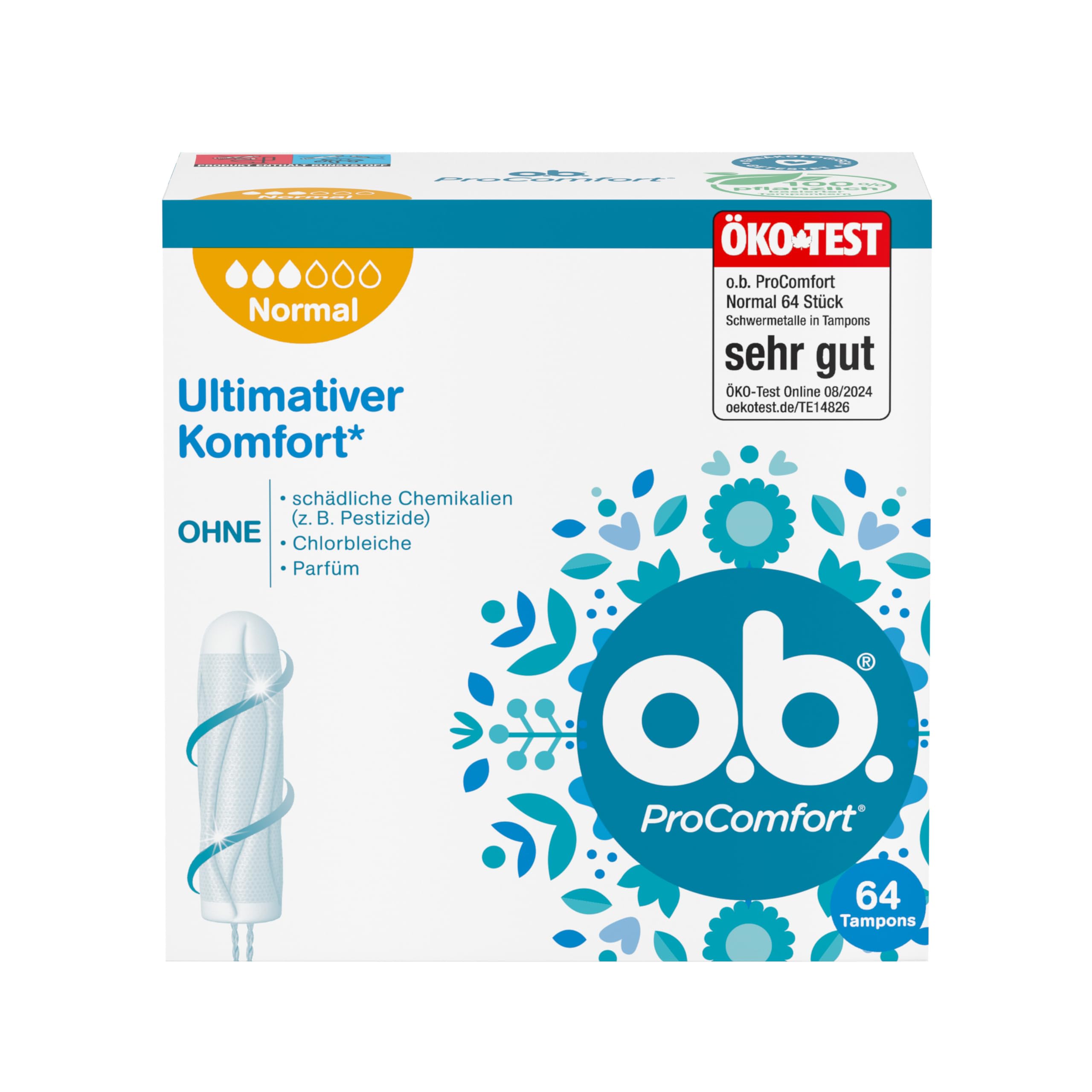 o.b. Tampon, ProComfort Normal, für mittlere bis stärkere Tage, von Öko-Test "sehr gut" bewertet**, ultimativer Komfort* und zuverlässiger Schutz, 64 Stück, "Verpackung kann abweichen"